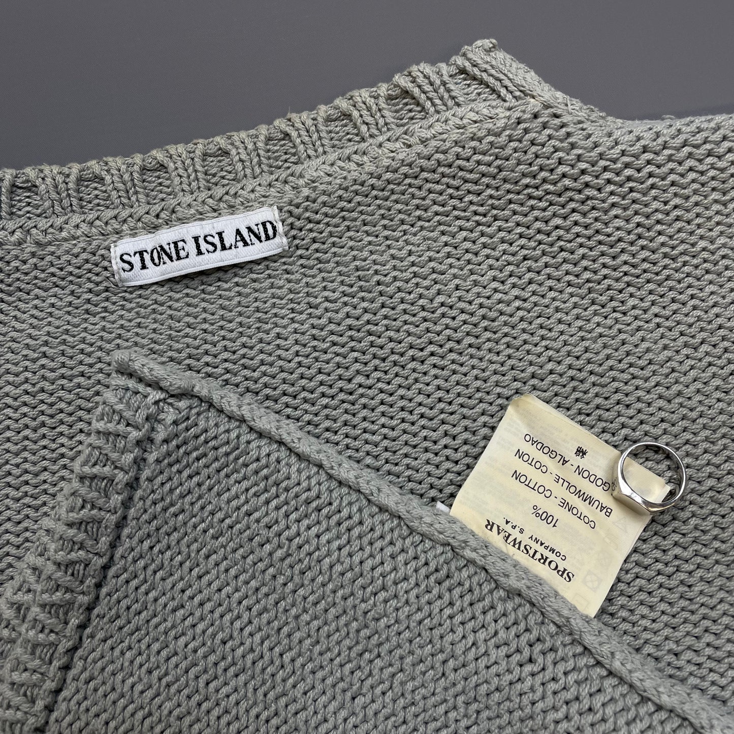 Stone Island Grey SS99 Heavyweight Knit Green Edge Badge Crewneck Jumper