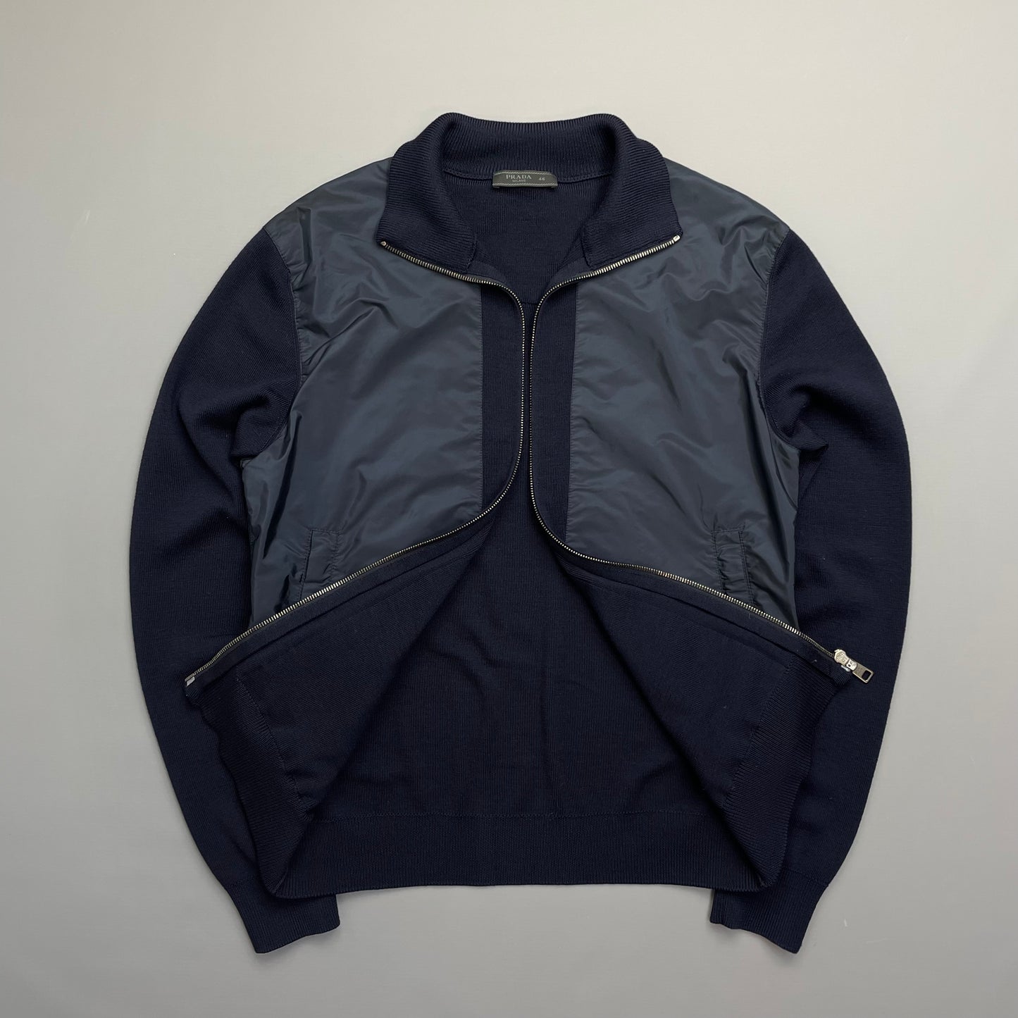 Prada Sport Navy Nylon Wool Knit Zip-Through Cardigan Jumper