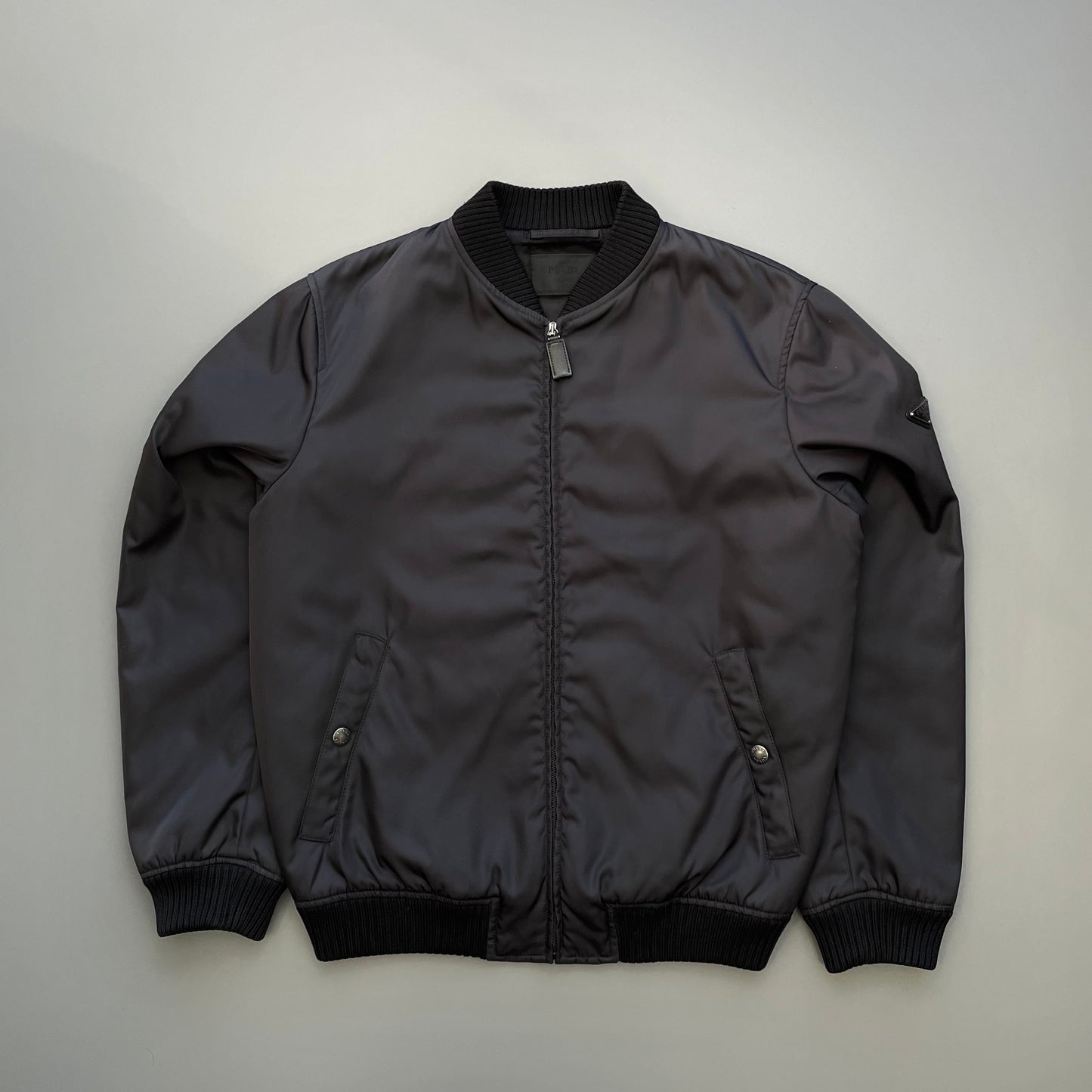 Prada Mainline Black 2016 Nylon Padded Plaque Bomber Jacket