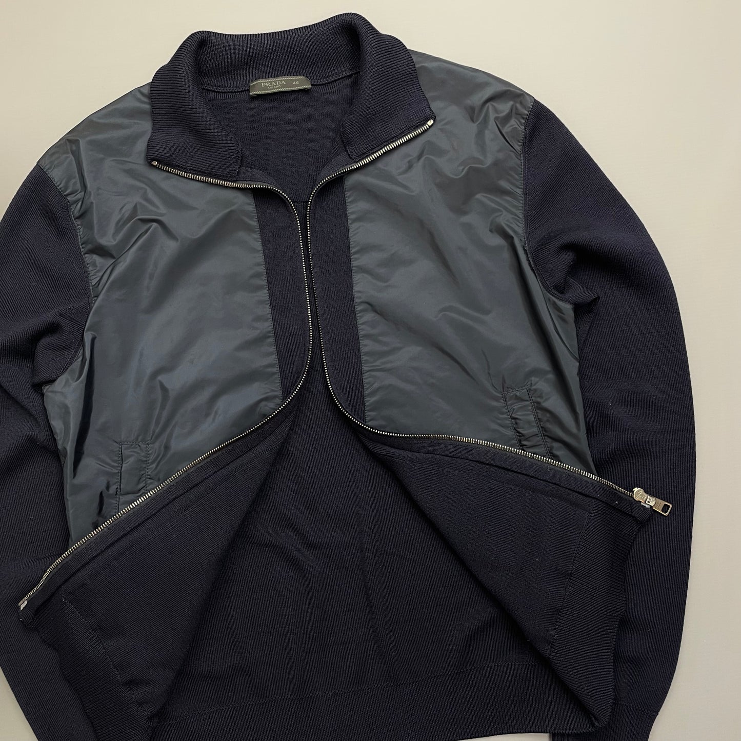 Prada Sport Navy Nylon Wool Knit Zip-Through Cardigan Jumper