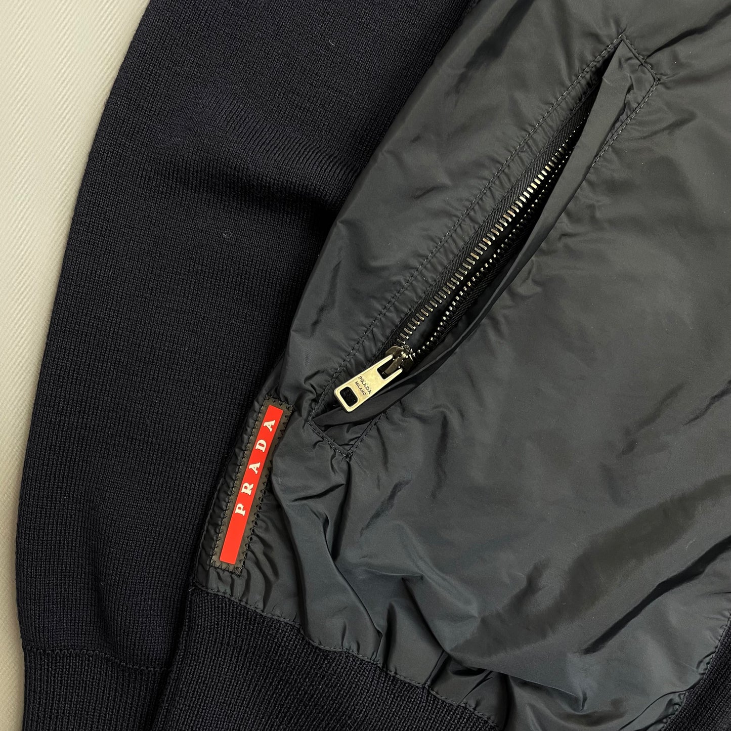 Prada Sport Navy Nylon Wool Knit Zip-Through Cardigan Jumper