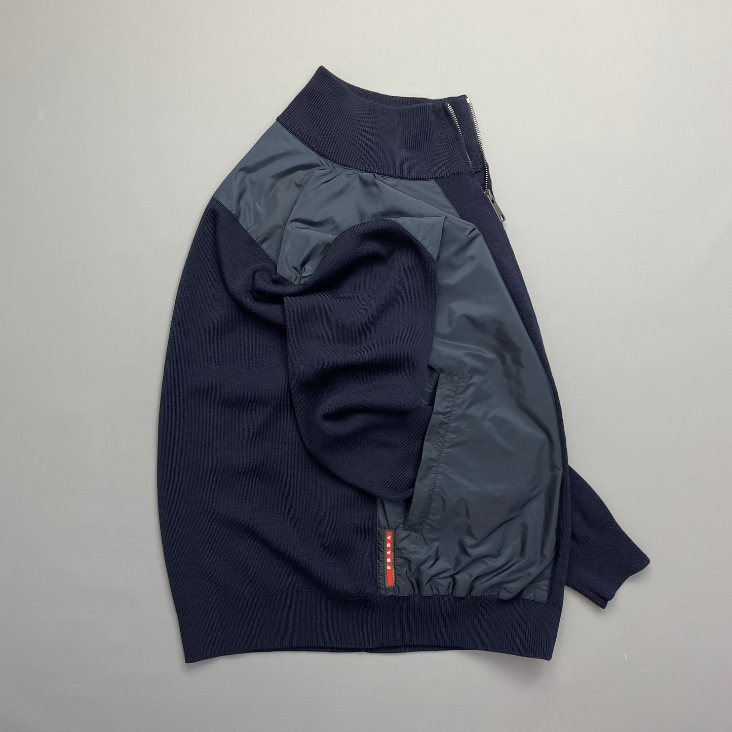 Prada Sport Navy Nylon Wool Knit Zip-Through Cardigan Jumper