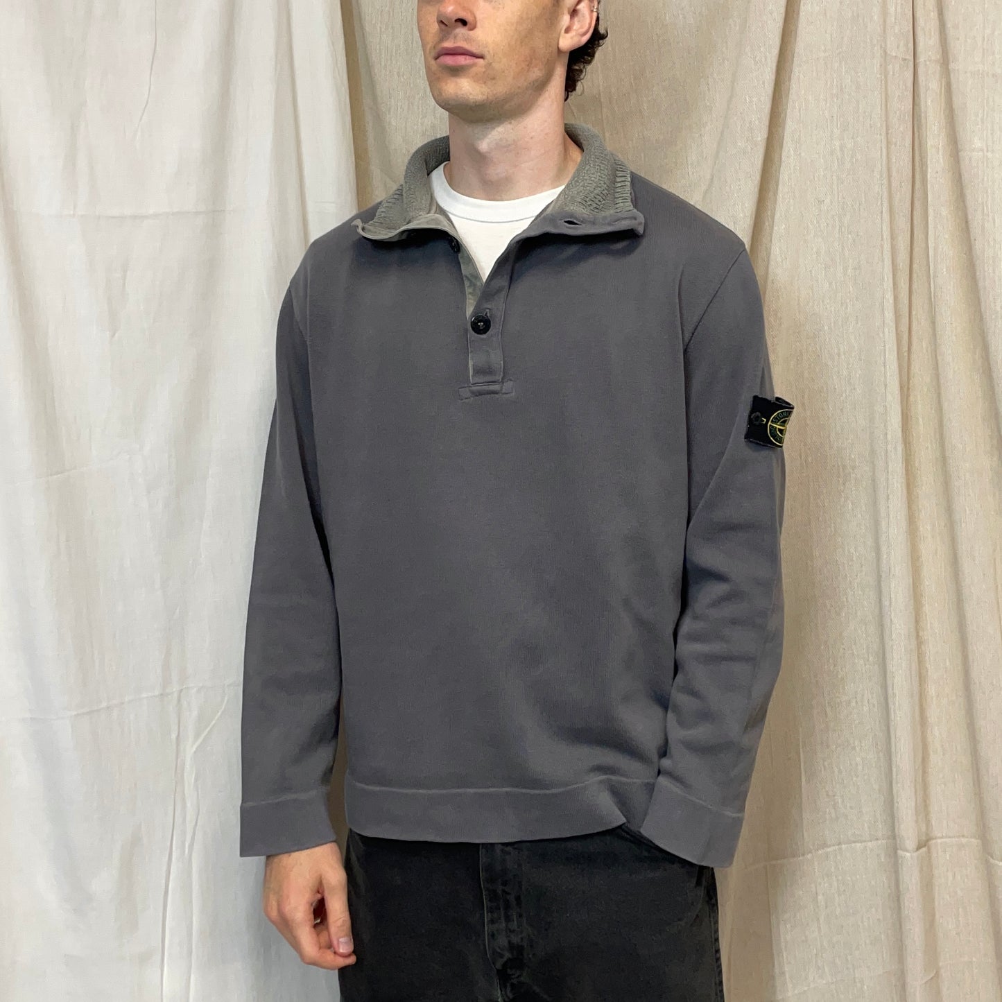 Stone Island Grey AW00 Dual Knit Collar Button-Up Jumper