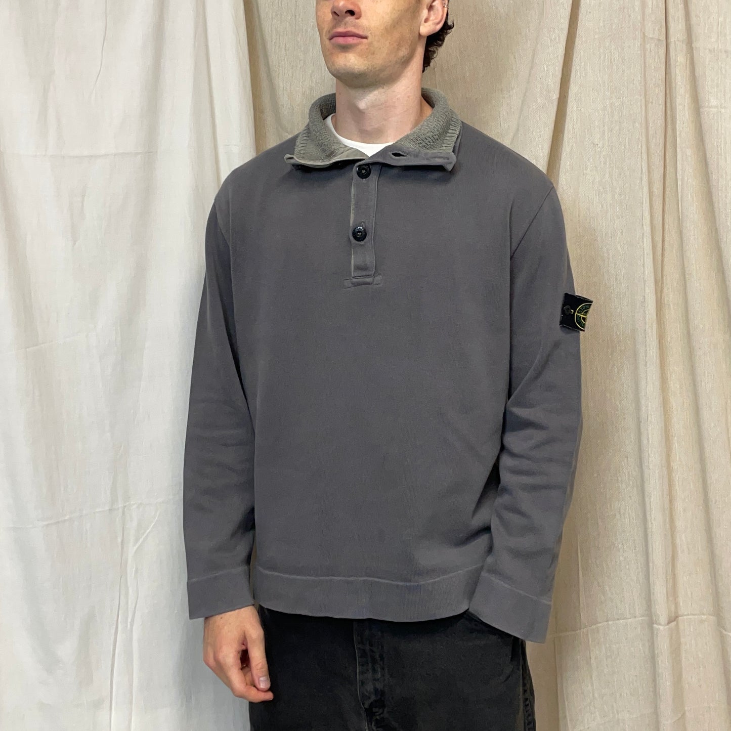 Stone Island Grey AW00 Dual Knit Collar Button-Up Jumper