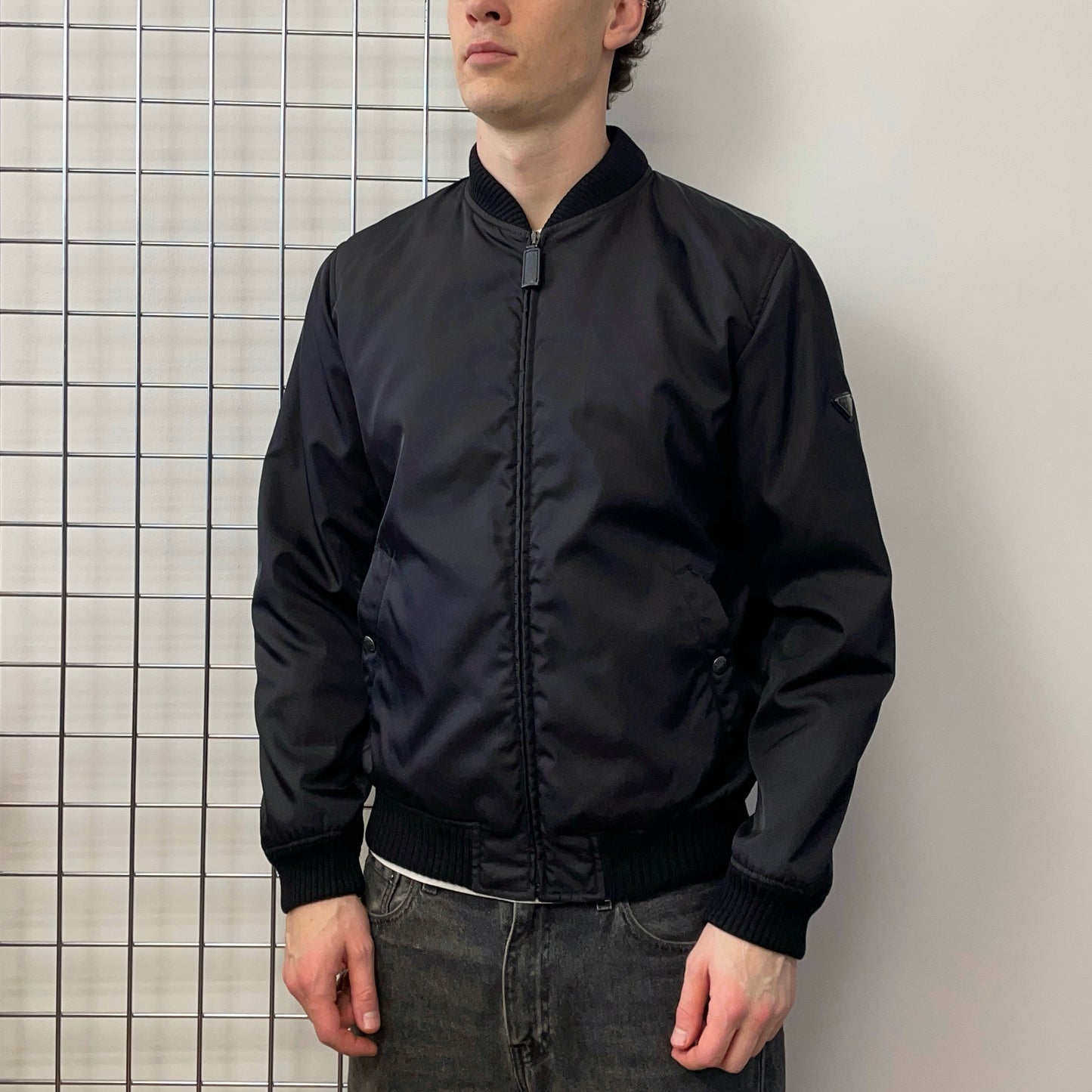Prada Mainline Black 2016 Nylon Padded Plaque Bomber Jacket