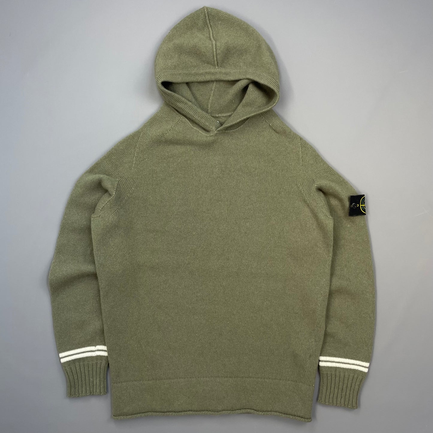 Stone Island Green AW19 Striped Cuff Wool Knit Hooded Jumper