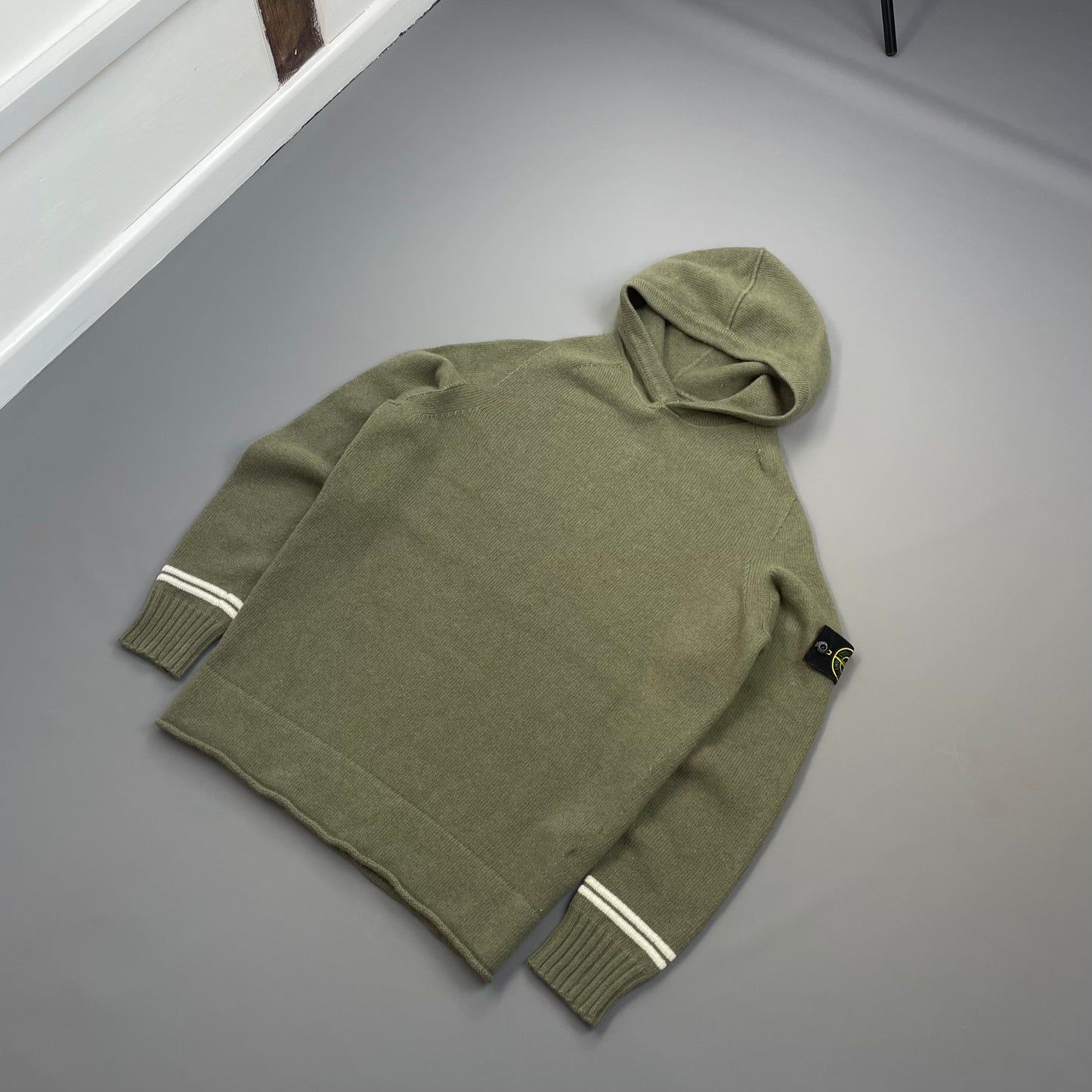 Stone Island Green AW19 Striped Cuff Wool Knit Hooded Jumper