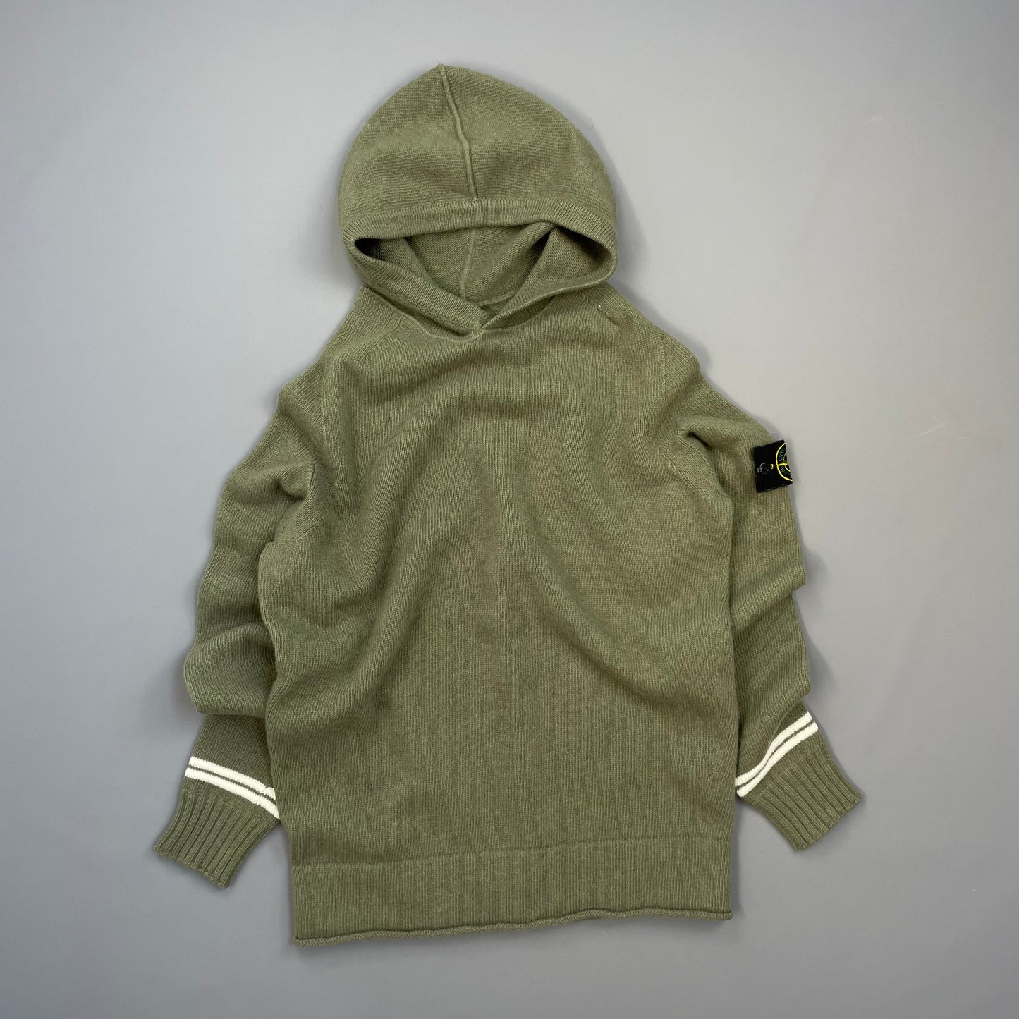 Stone Island Green AW19 Striped Cuff Wool Knit Hooded Jumper