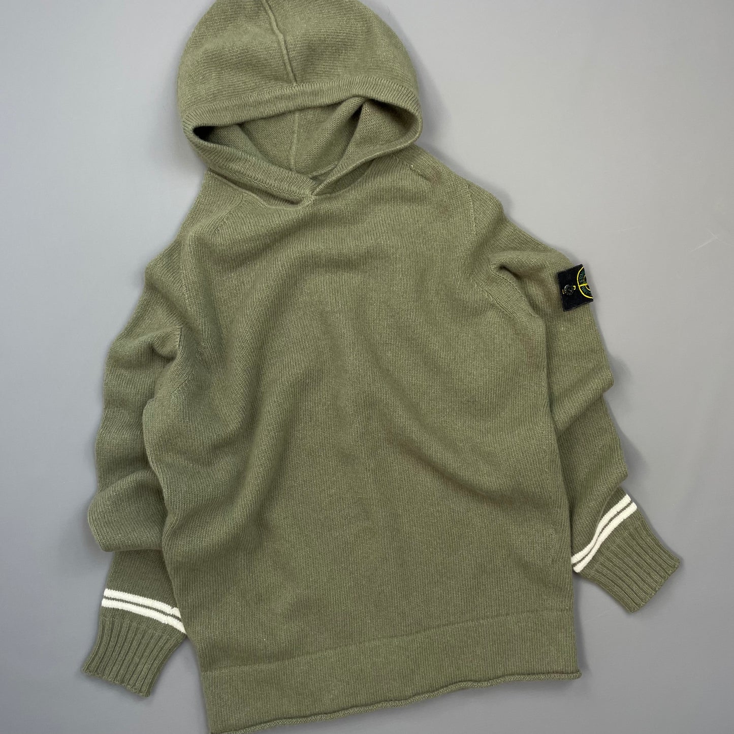 Stone Island Green AW19 Striped Cuff Wool Knit Hooded Jumper