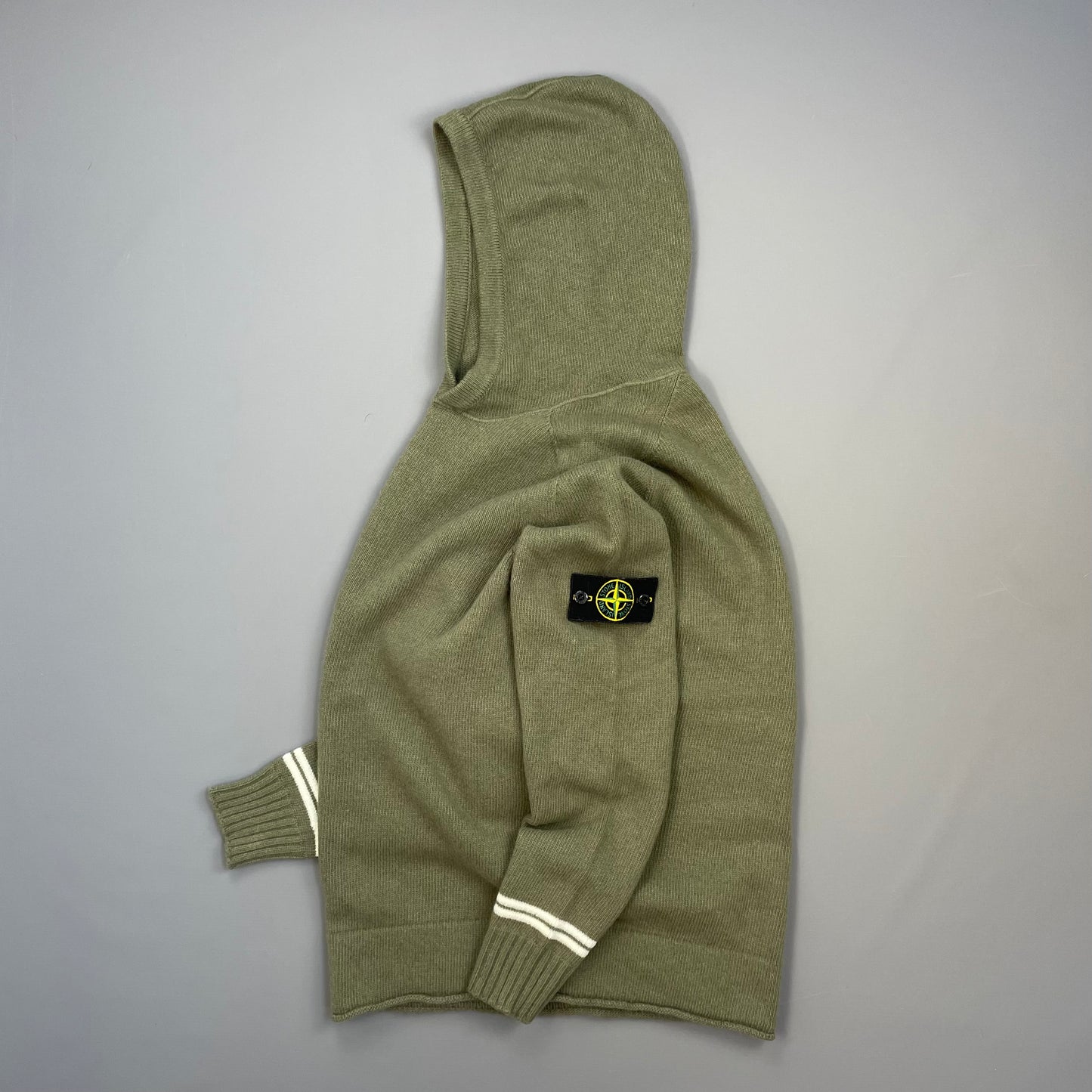 Stone Island Green AW19 Striped Cuff Wool Knit Hooded Jumper