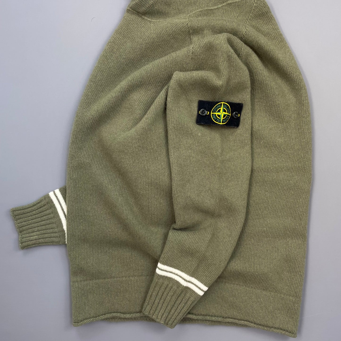 Stone Island Green AW19 Striped Cuff Wool Knit Hooded Jumper