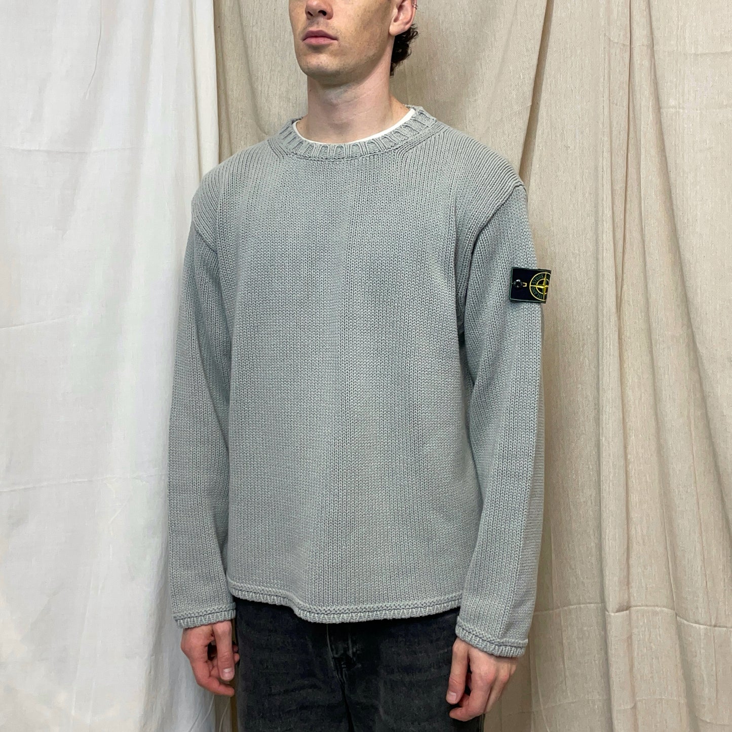 Stone Island Grey SS99 Heavyweight Knit Green Edge Badge Crewneck Jumper