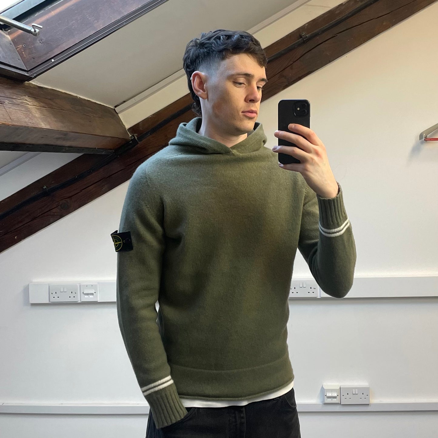Stone Island Green AW19 Striped Cuff Wool Knit Hooded Jumper