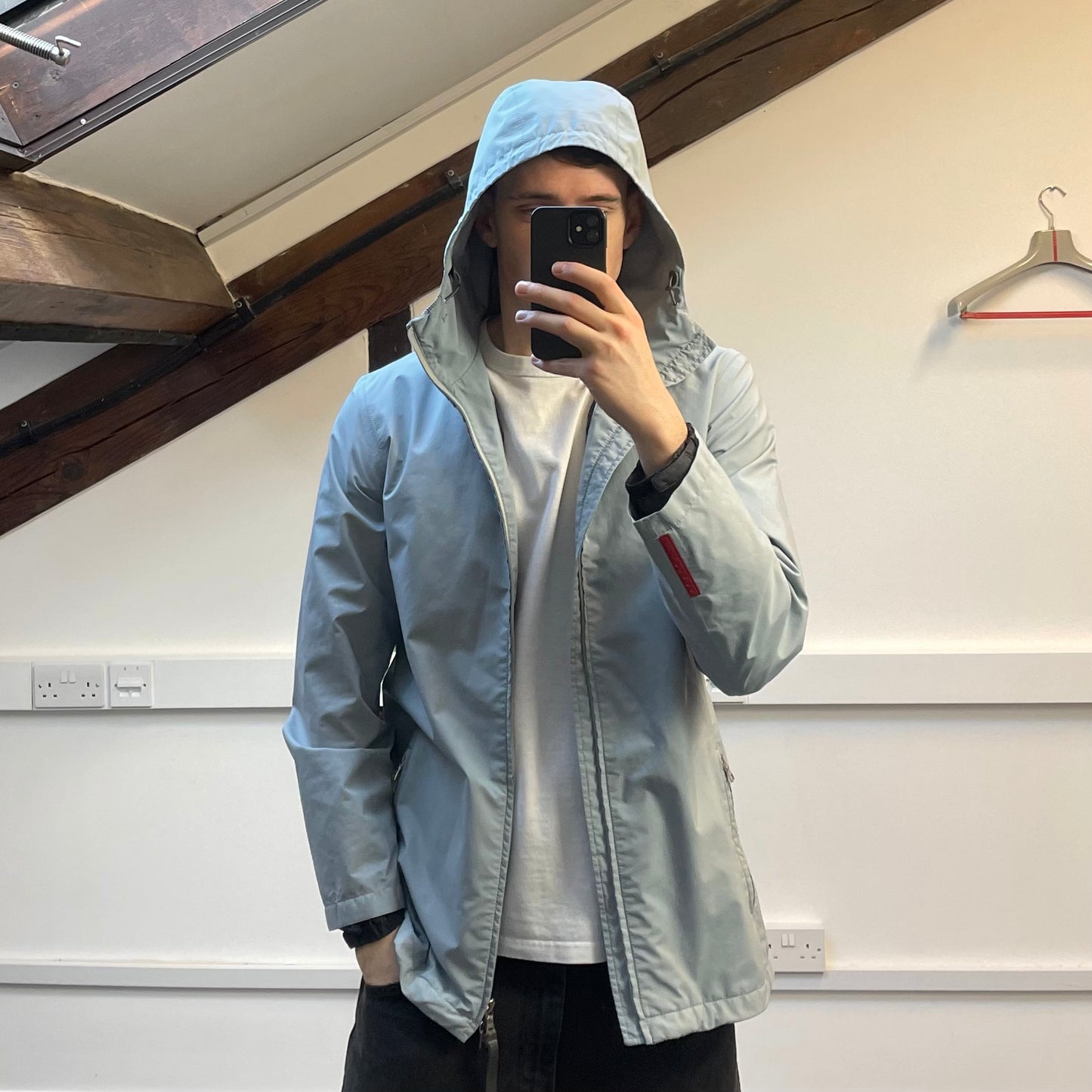 Prada Sport Light Blue Technical Multi-Pocket Goretex Hooded Parka Jacket
