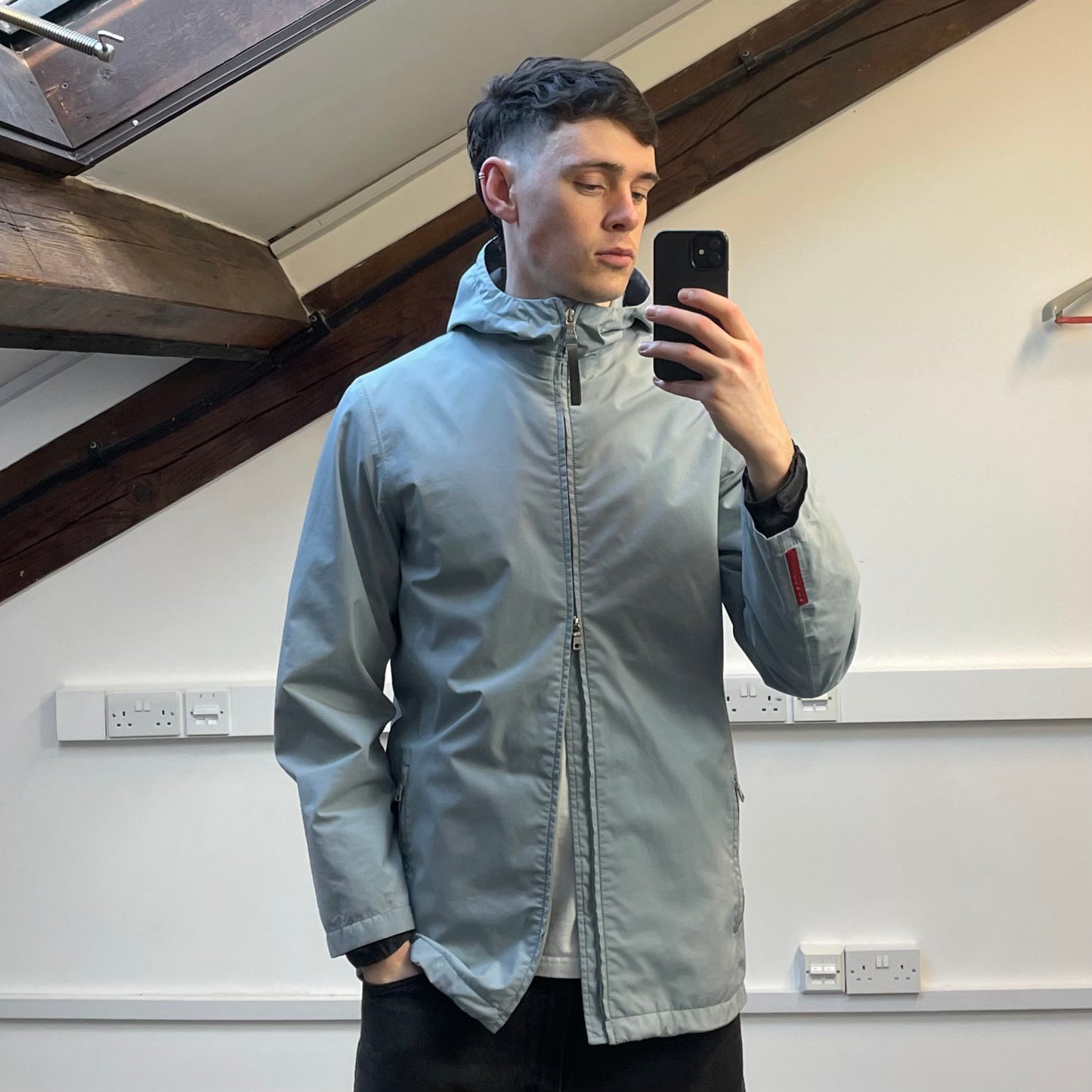 Prada Sport Light Blue Technical Multi-Pocket Goretex Hooded Parka Jacket