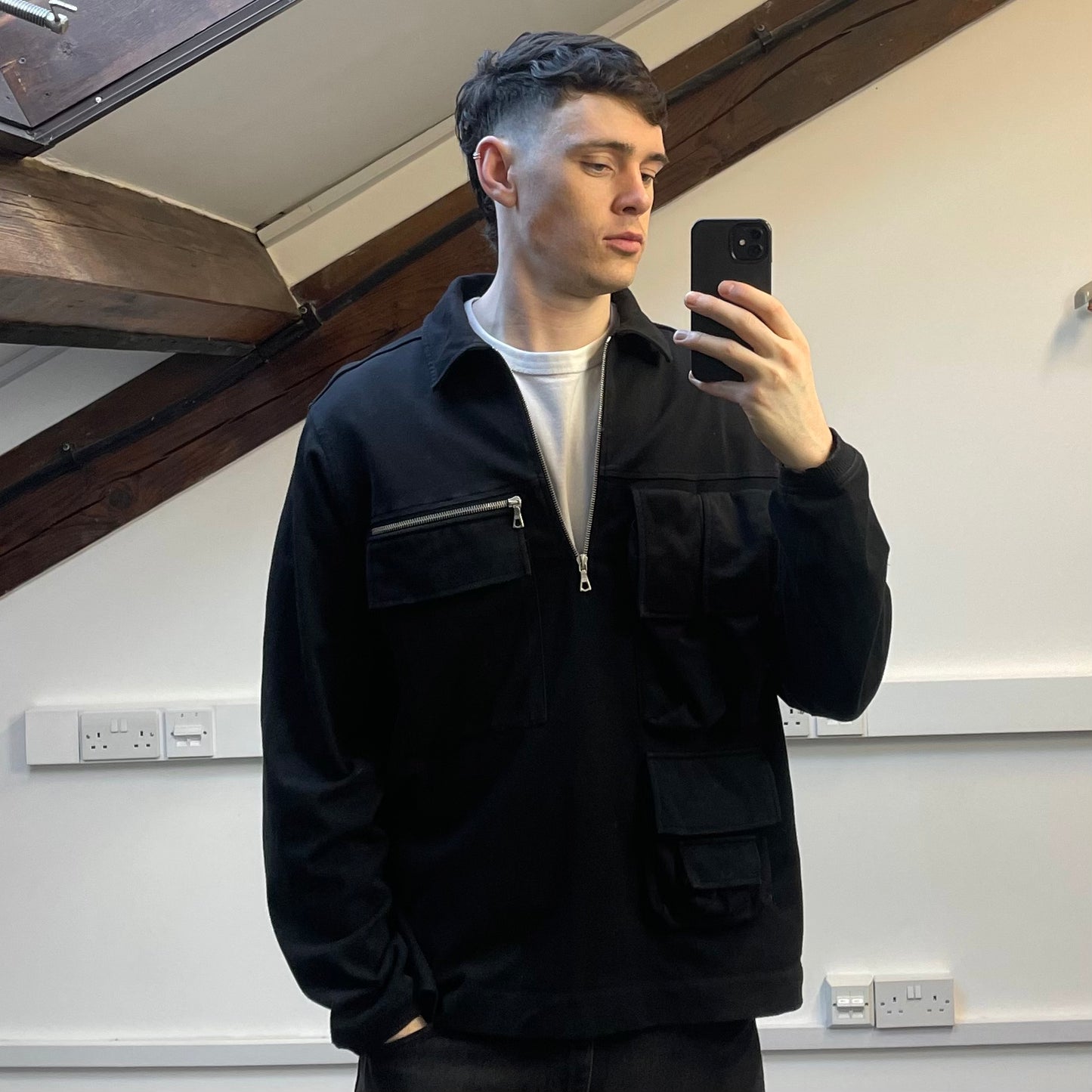 Dries Van Noten Black Multi-Pocket Half-Zip Smock Jacket
