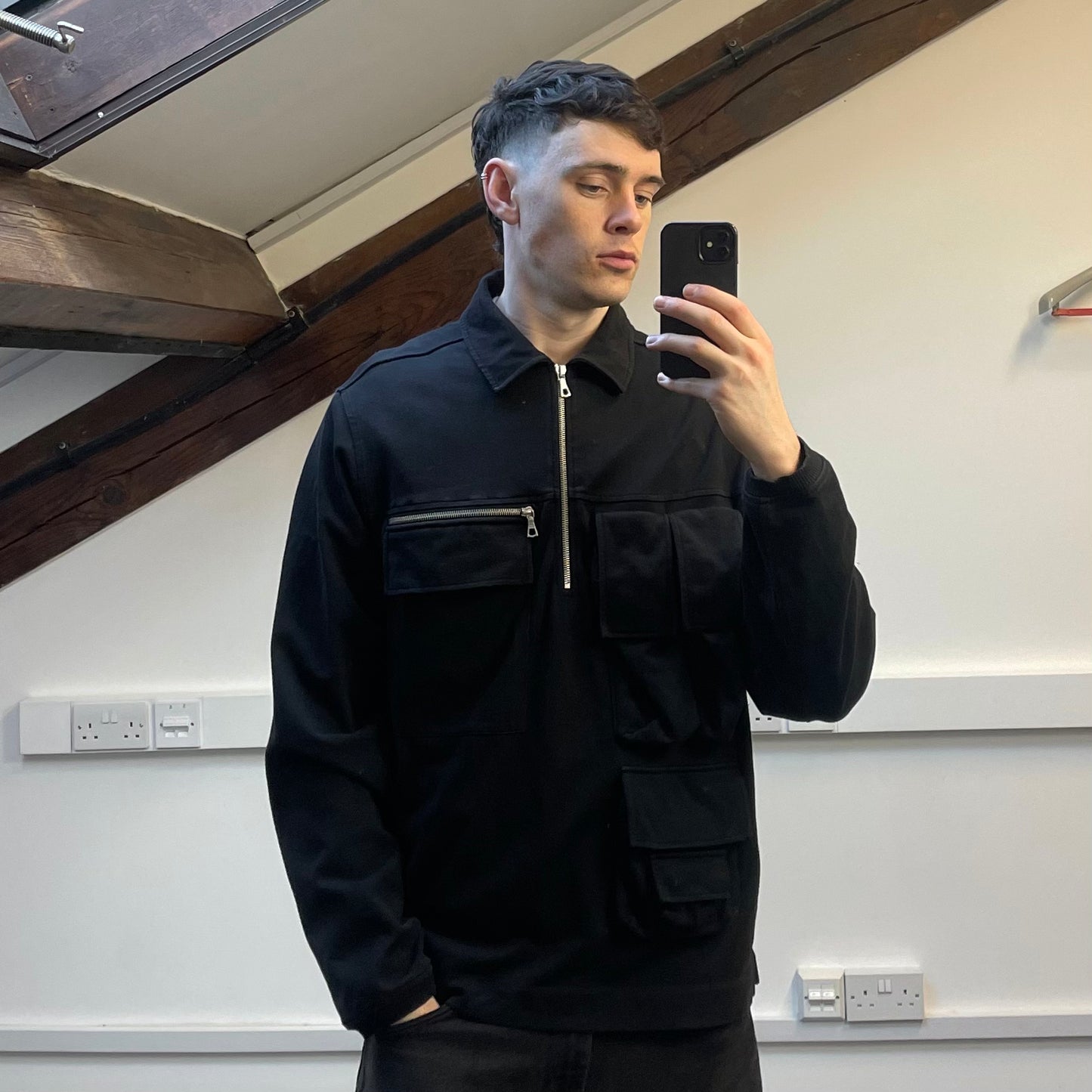 Dries Van Noten Black Multi-Pocket Half-Zip Smock Jacket