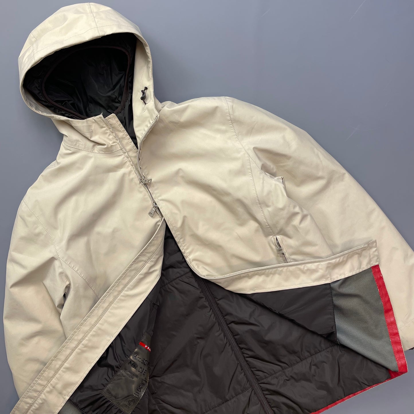 Prada Sport Cream & Brown 3-in-1 Waterproof Hooded Mac Liner Jacket