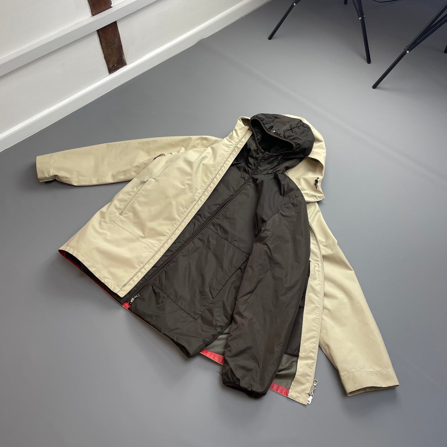 Prada Sport Cream & Brown 3-in-1 Waterproof Hooded Mac Liner Jacket