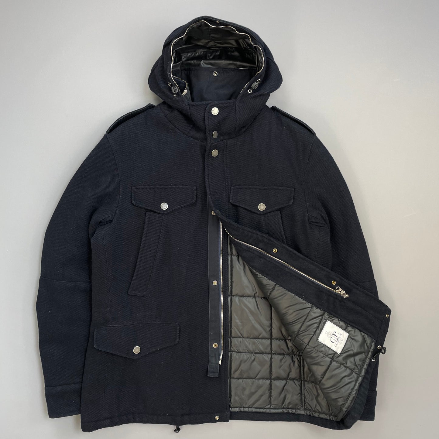C.P. Company Navy Wool Padded Multi-Pocket Hooded Parka Jacket
