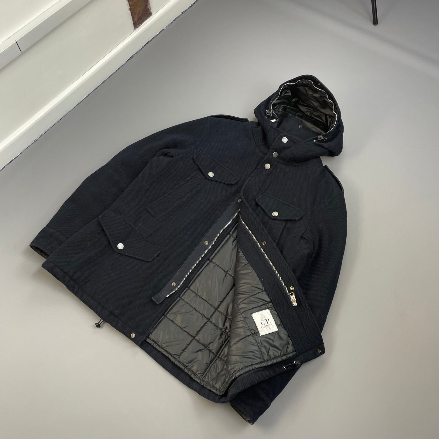 C.P. Company Navy Wool Padded Multi-Pocket Hooded Parka Jacket