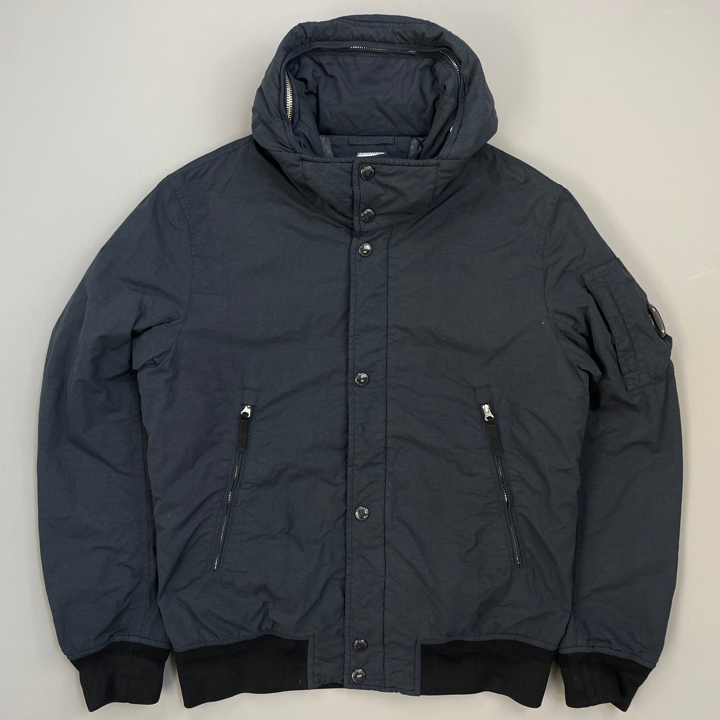 C.P. Company Navy & Black Two-Tone Flatt Nylon Padded Utility Hood Bomber Jacket