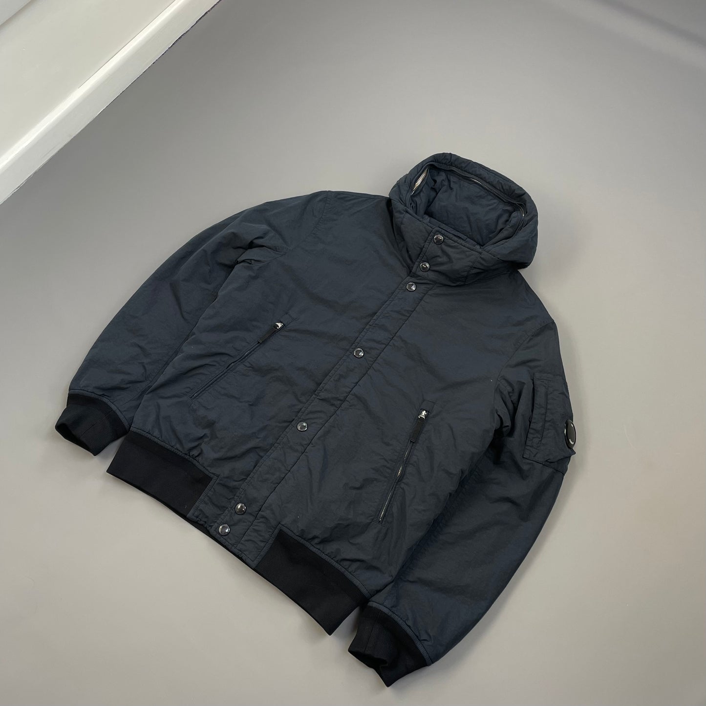 C.P. Company Navy & Black Two-Tone Flatt Nylon Padded Utility Hood Bomber Jacket