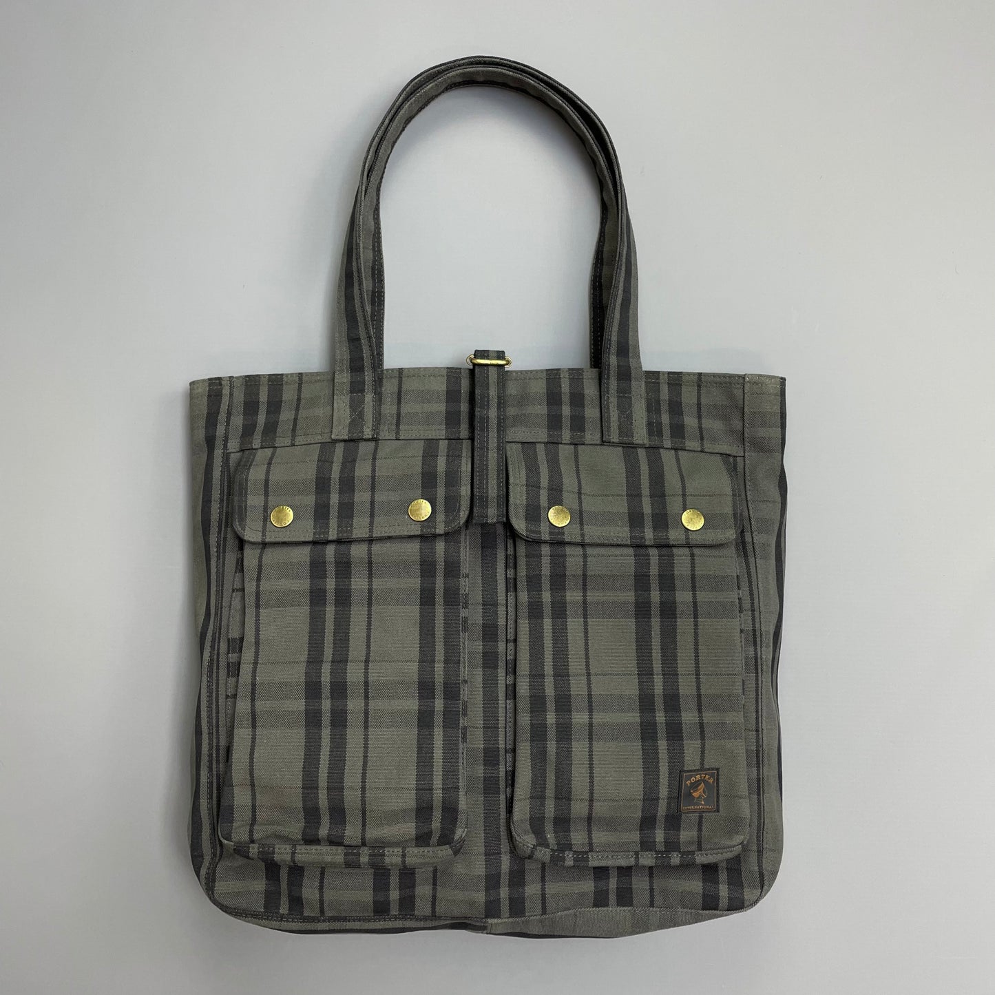 Porter International Grey & Brown Checkered Canvas Side Tote Bag