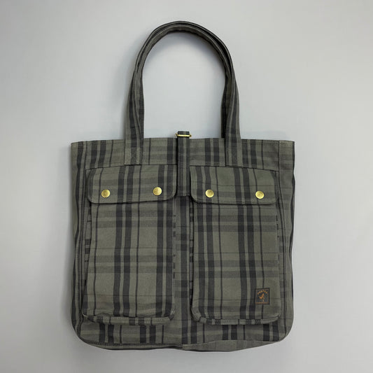 Porter International Grey & Brown Checkered Canvas Side Tote Bag