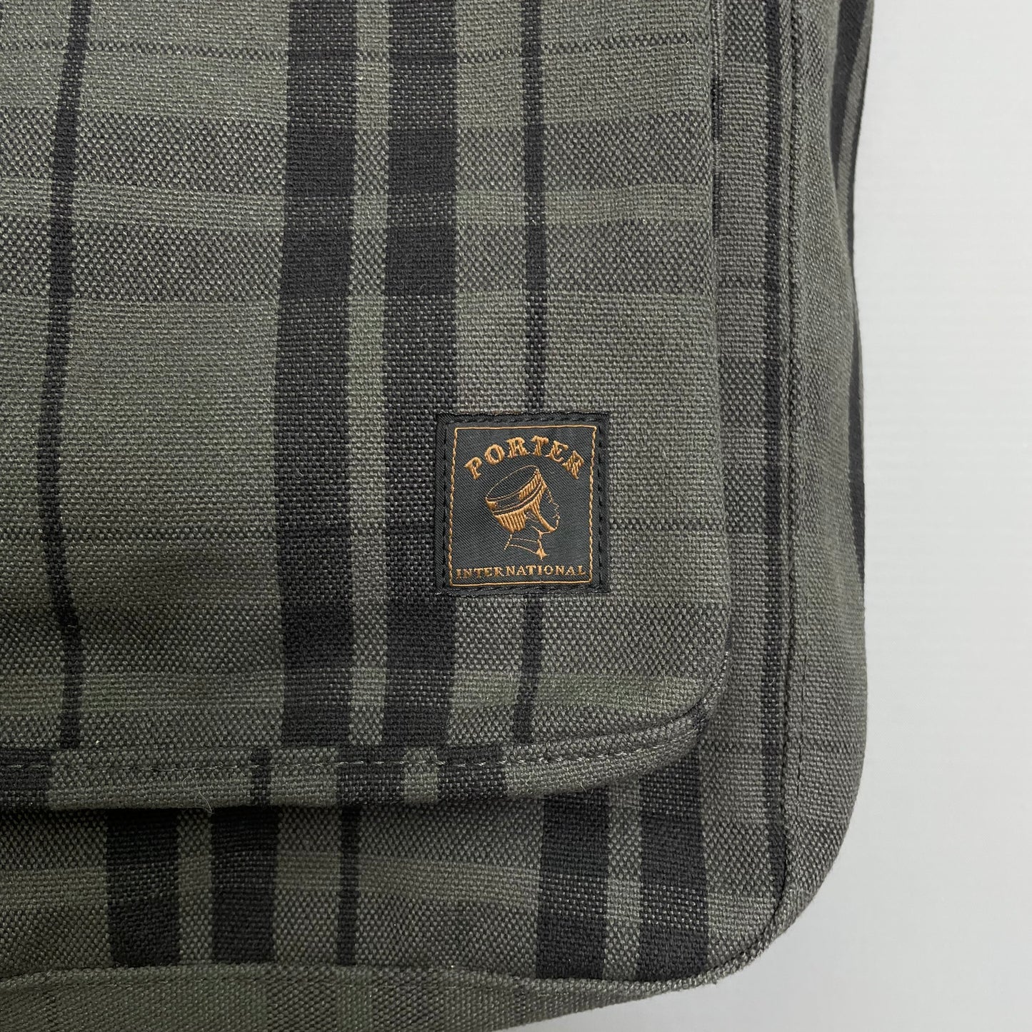 Porter International Grey & Brown Checkered Canvas Side Tote Bag