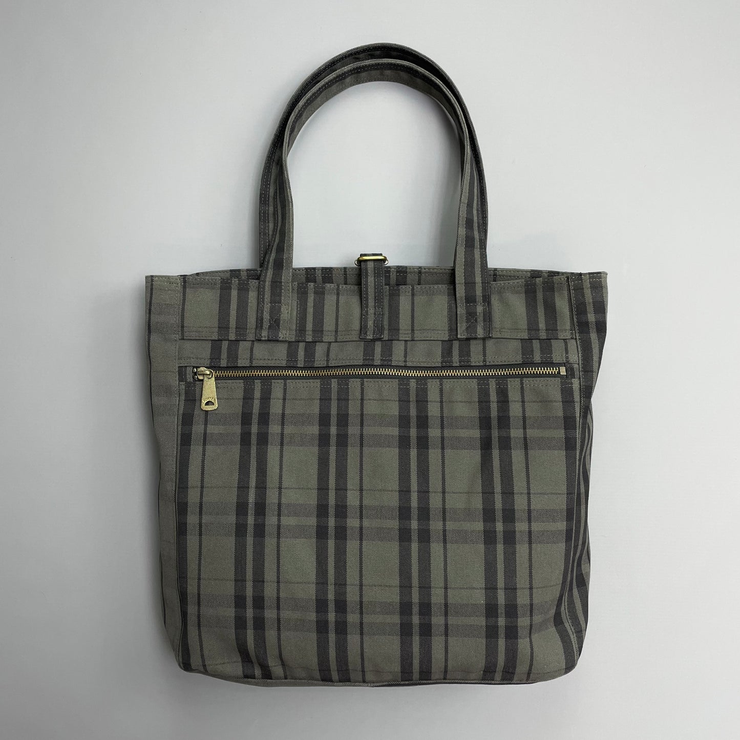 Porter International Grey & Brown Checkered Canvas Side Tote Bag