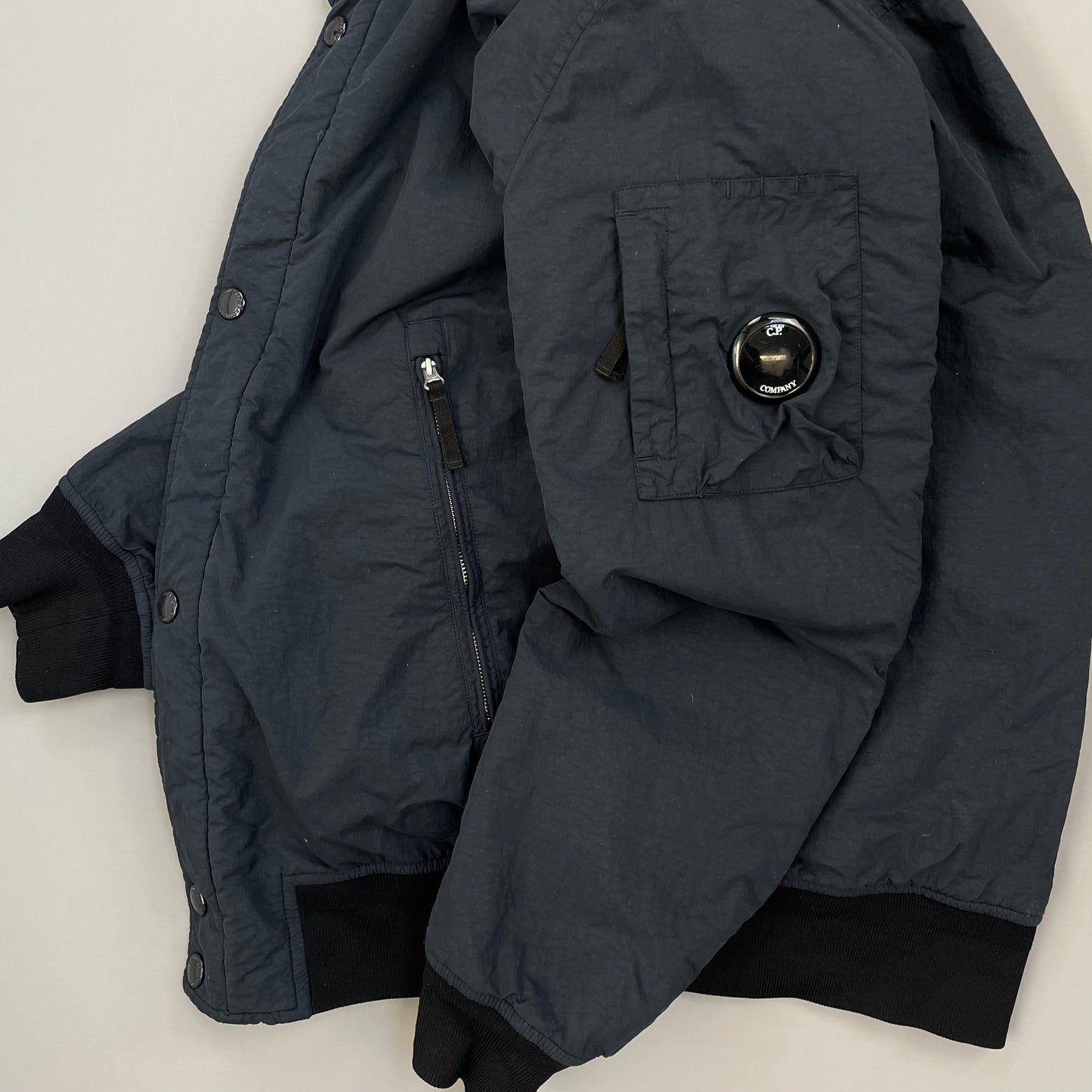 C.P. Company Navy & Black Two-Tone Flatt Nylon Padded Utility Hood Bomber Jacket