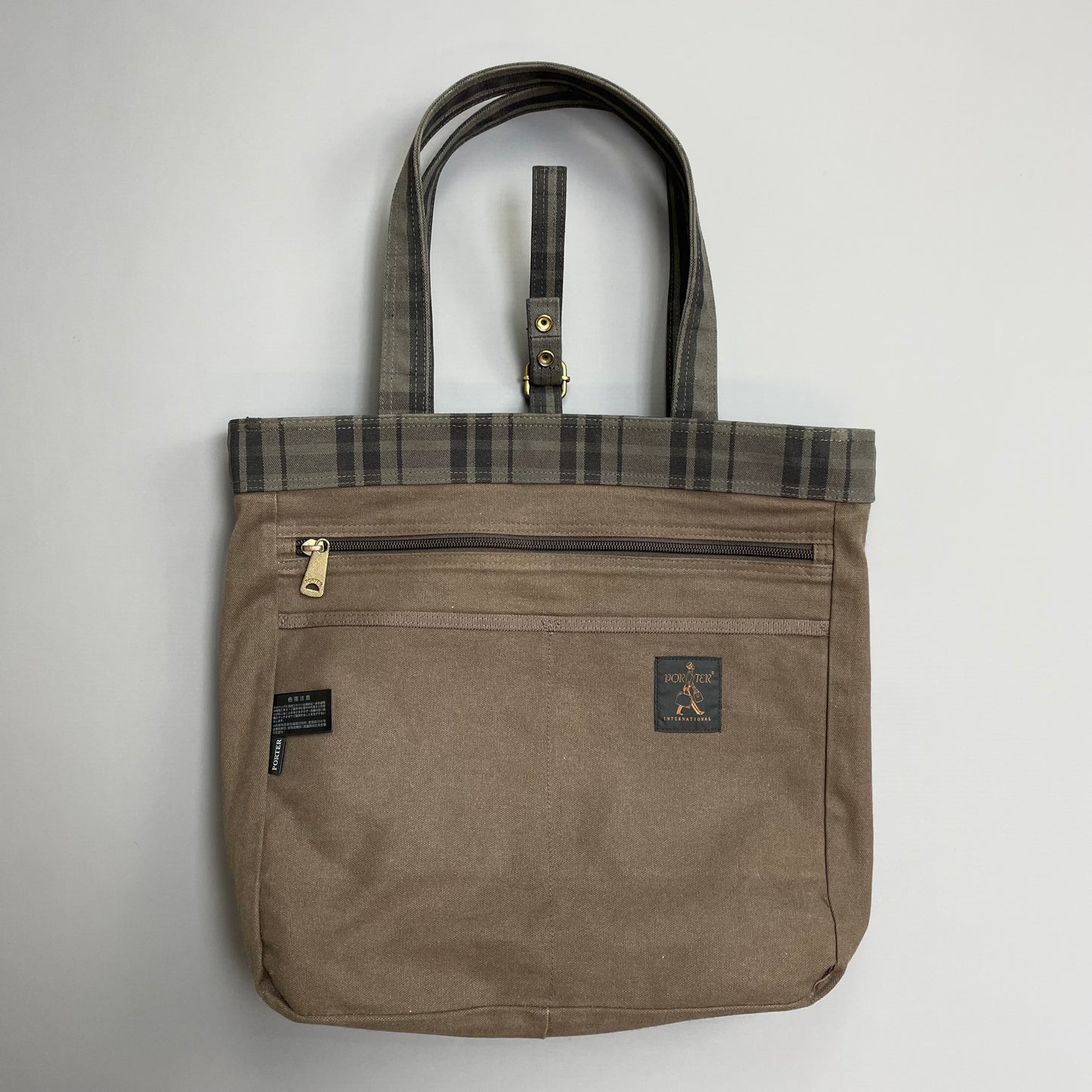 Porter International Grey & Brown Checkered Canvas Side Tote Bag