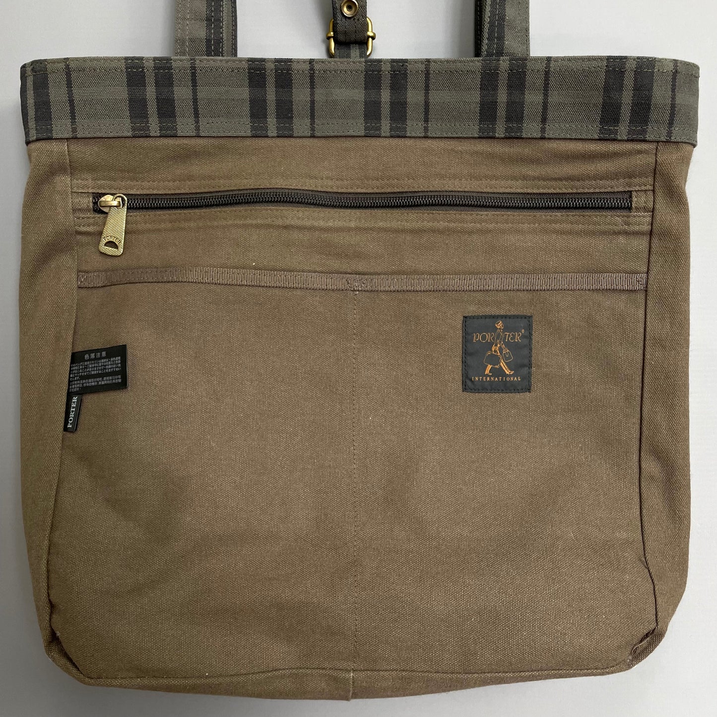 Porter International Grey & Brown Checkered Canvas Side Tote Bag
