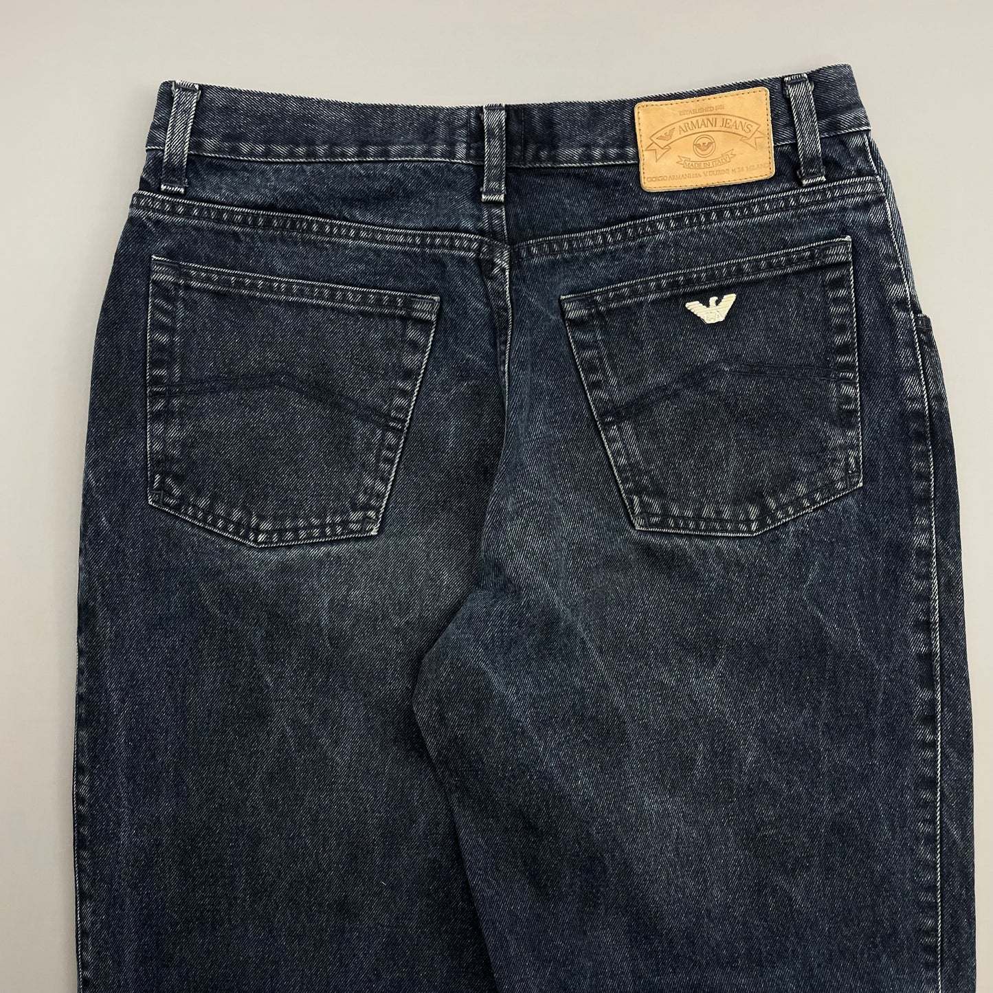 Armani Jeans Dark Blue 1990s Silver Logo Barrel Leg Denim Jeans