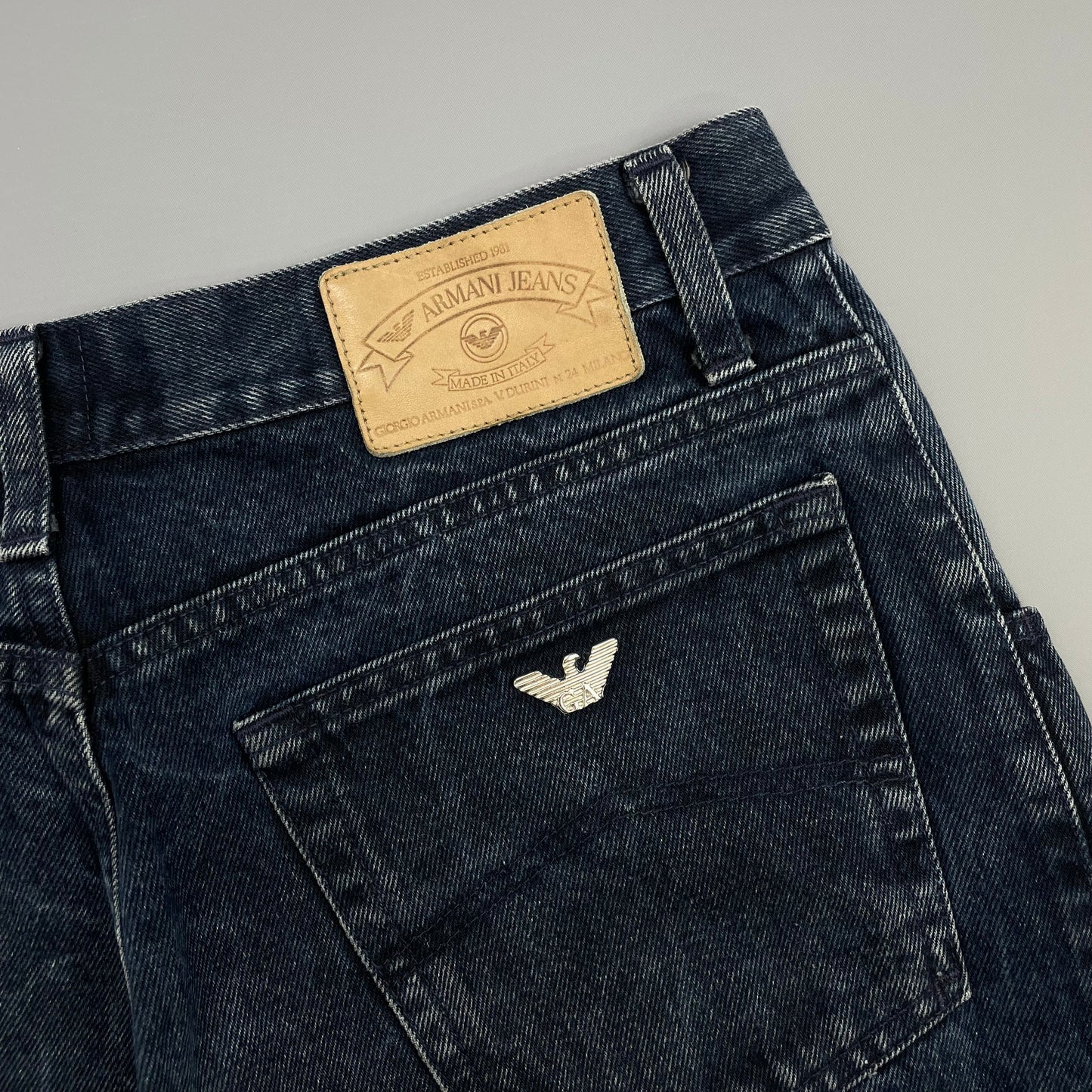 Armani Jeans Dark Blue 1990s Silver Logo Barrel Leg Denim Jeans