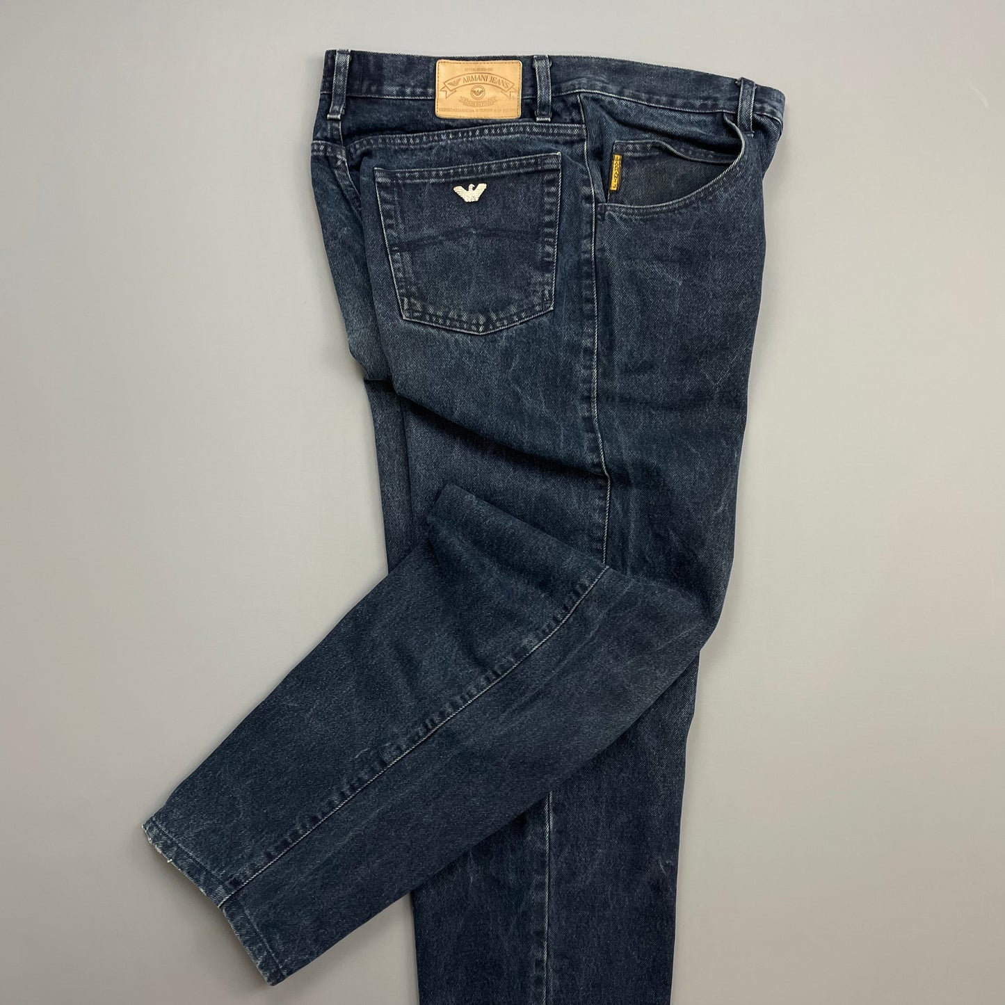 Armani Jeans Dark Blue 1990s Silver Logo Barrel Leg Denim Jeans