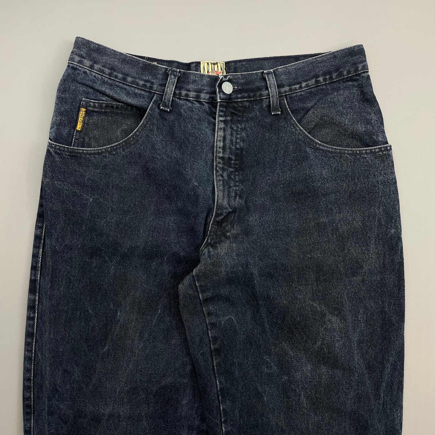 Armani Jeans Dark Blue 1990s Silver Logo Barrel Leg Denim Jeans