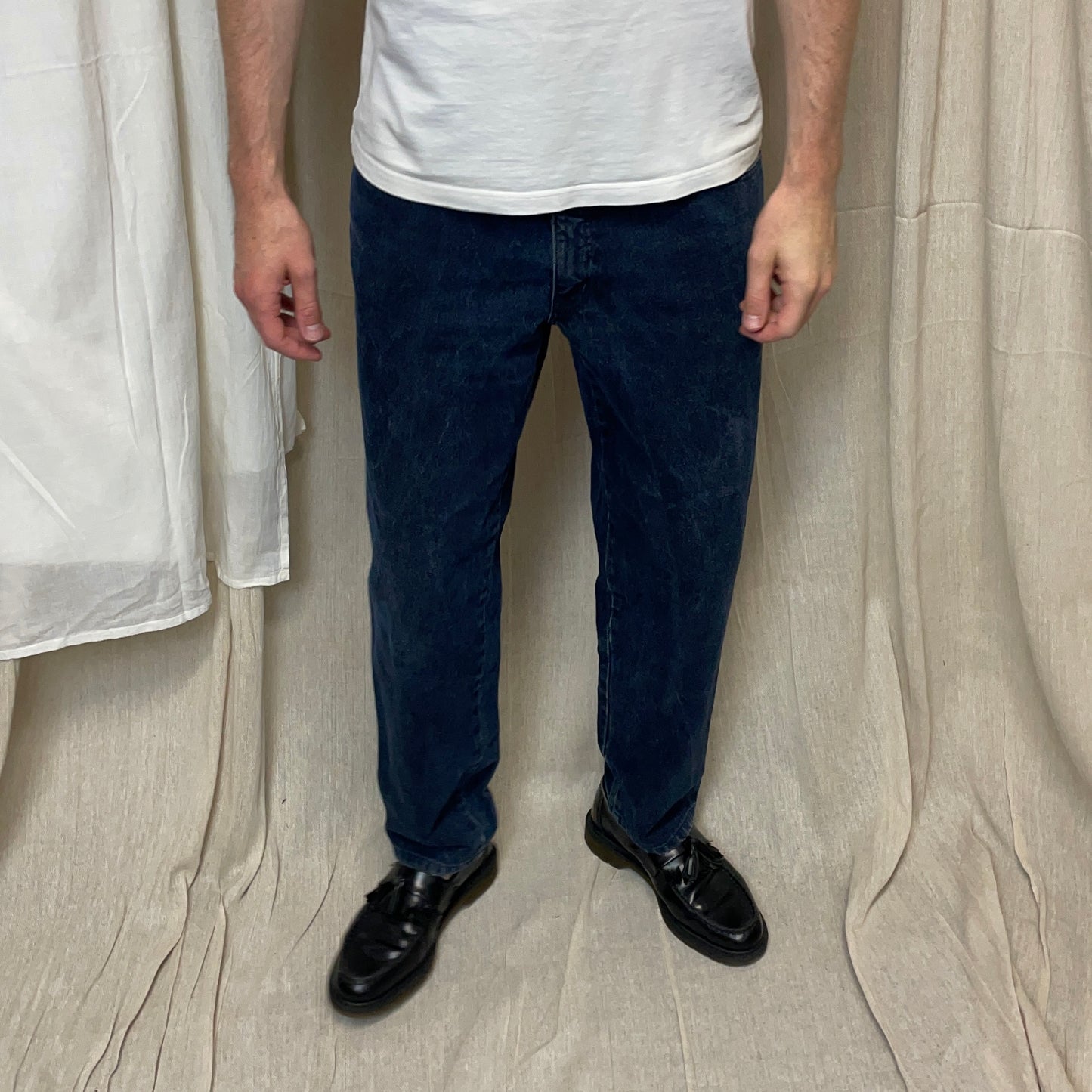 Armani Jeans Dark Blue 1990s Silver Logo Barrel Leg Denim Jeans
