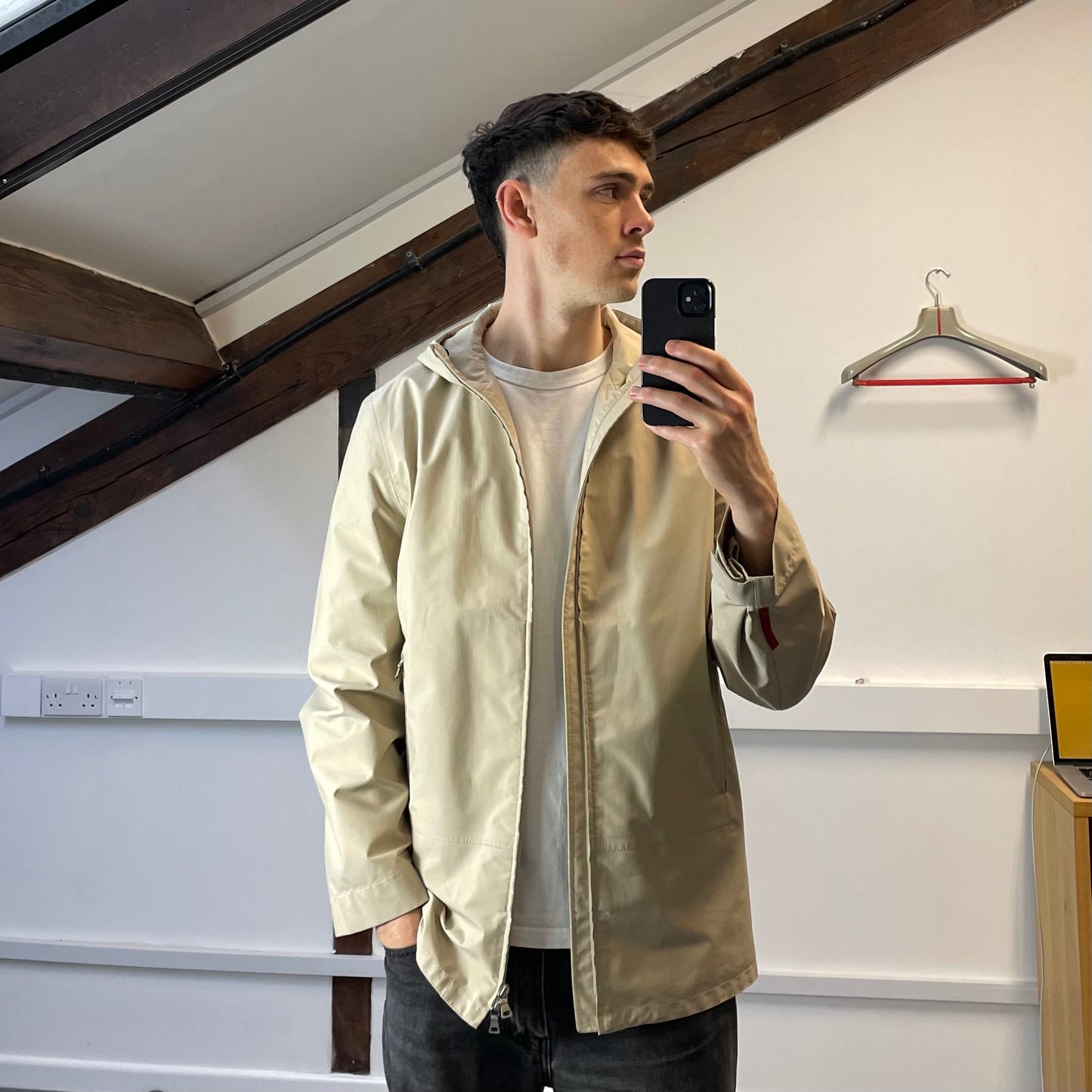 Prada Sport Cream & Brown 3-in-1 Waterproof Hooded Mac Liner Jacket
