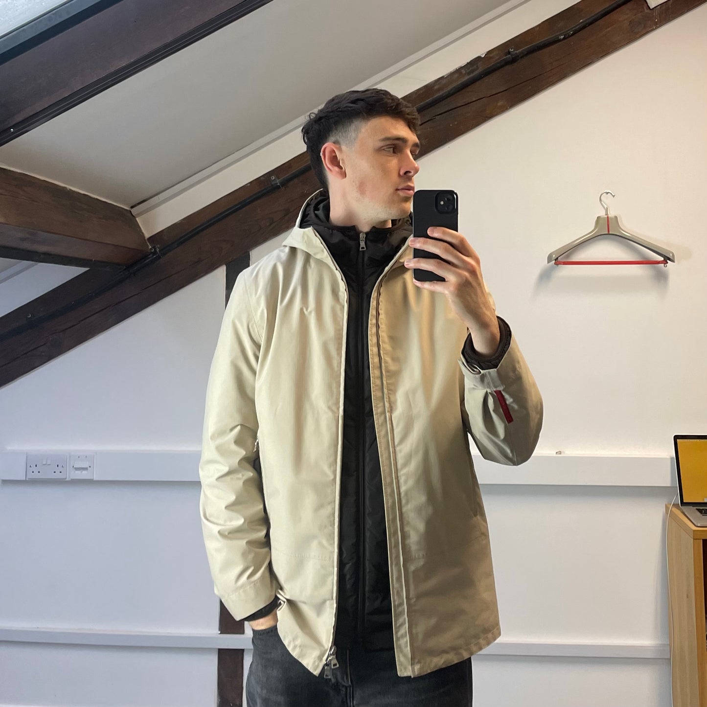 Prada Sport Cream & Brown 3-in-1 Waterproof Hooded Mac Liner Jacket