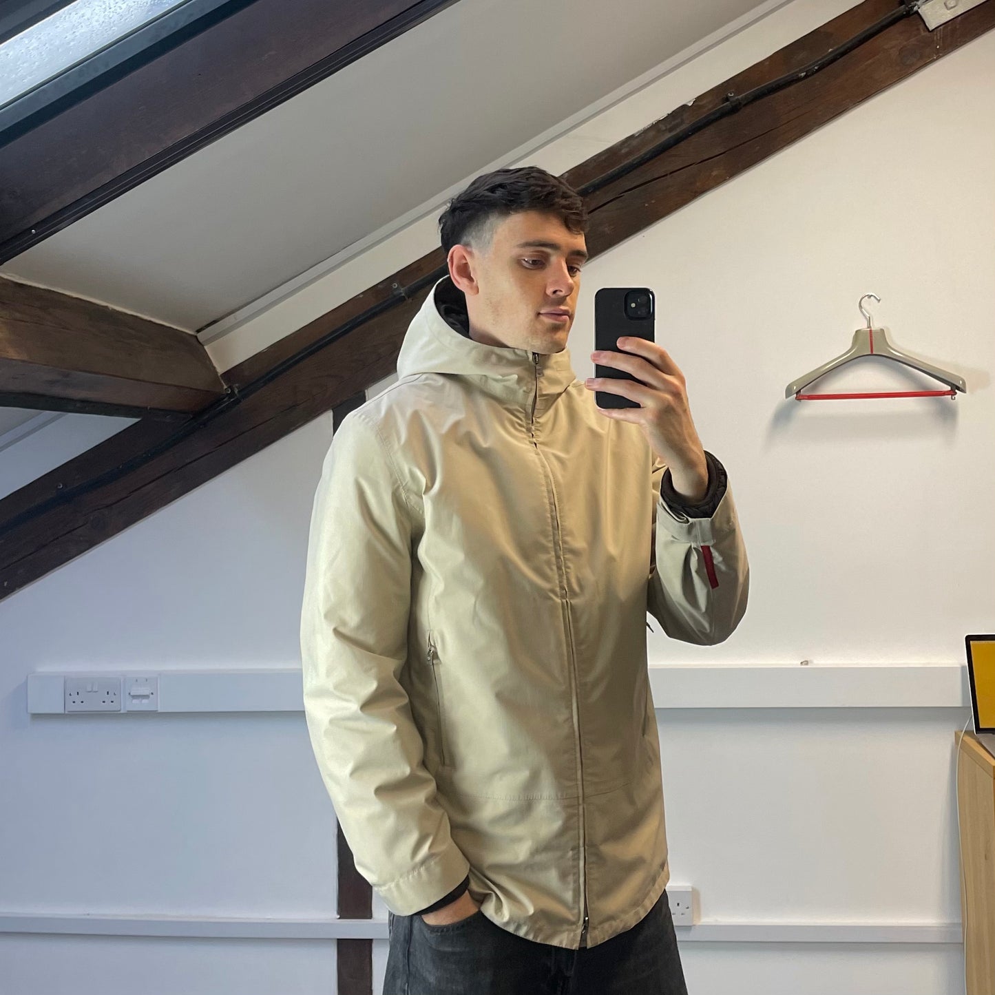 Prada Sport Cream & Brown 3-in-1 Waterproof Hooded Mac Liner Jacket