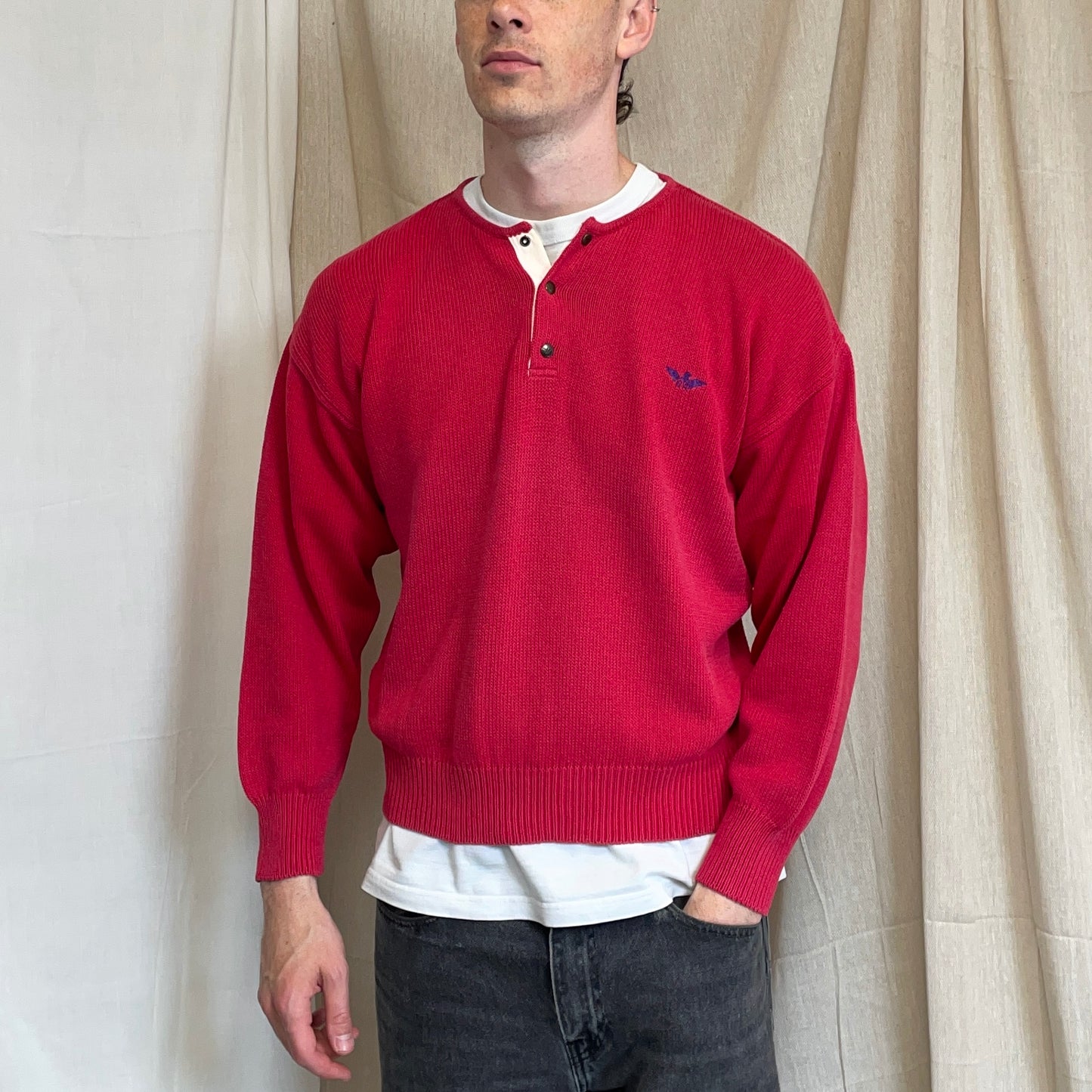 Giorgio Armani 1980s Red Button-Up Collar Knit Jumper