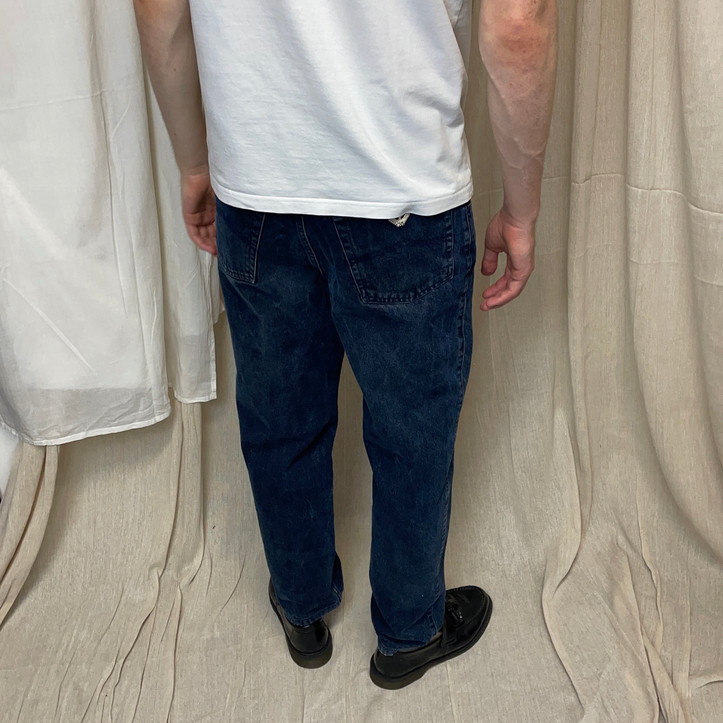Armani Jeans Dark Blue 1990s Silver Logo Barrel Leg Denim Jeans