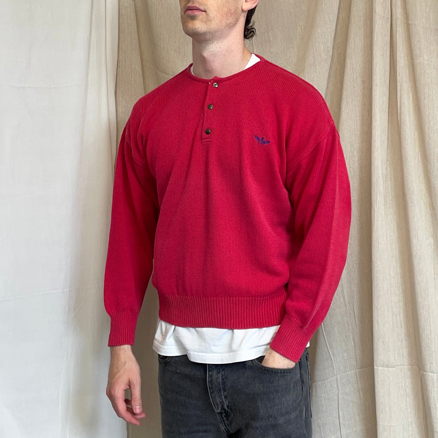 Giorgio Armani 1980s Red Button-Up Collar Knit Jumper