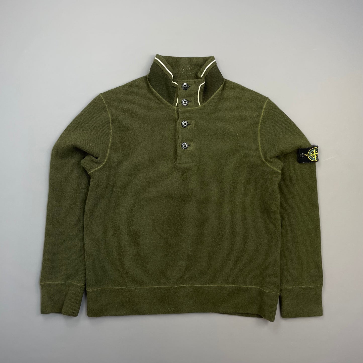 Stone Island Green AW06 Fine-Rib Wool Knit Button Collar Jumper