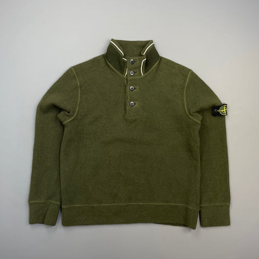 Stone Island Green AW06 Fine-Rib Wool Knit Button Collar Jumper