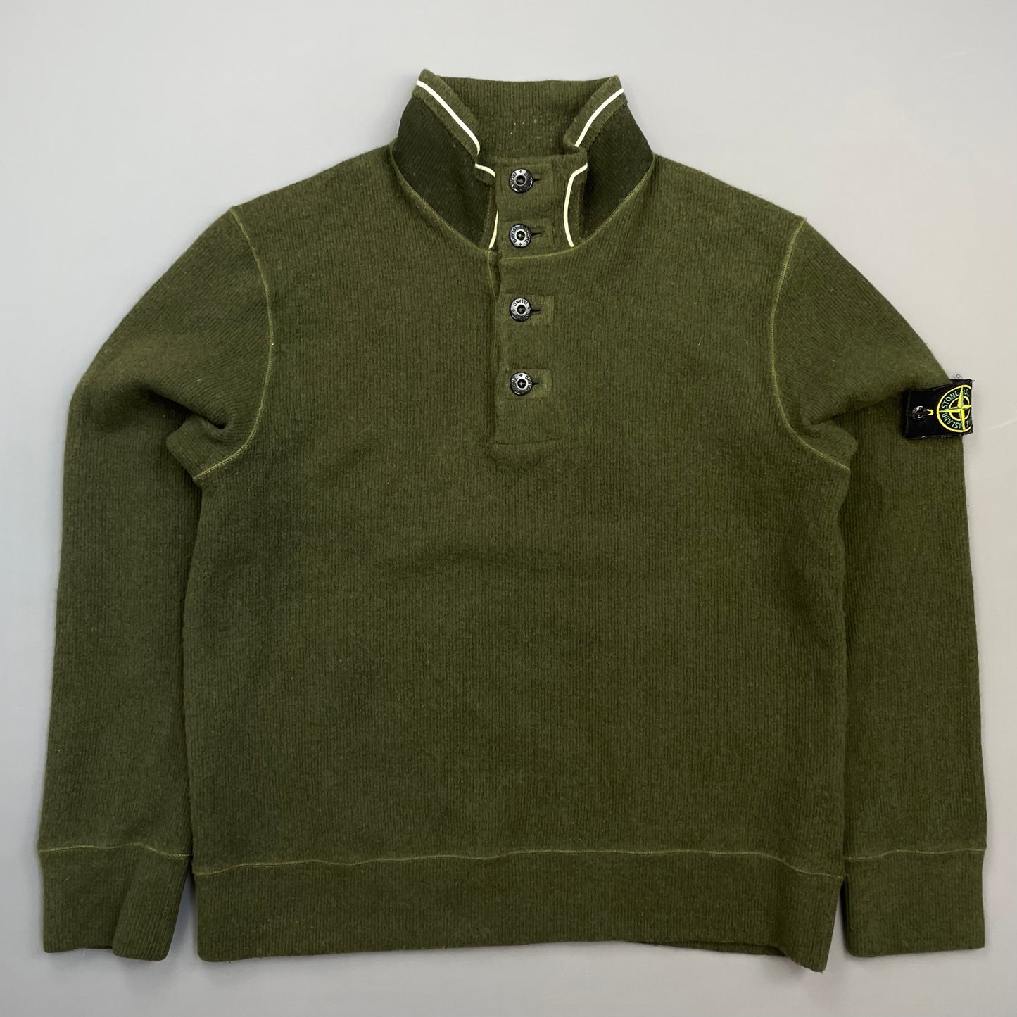 Stone Island Green AW06 Fine-Rib Wool Knit Button Collar Jumper