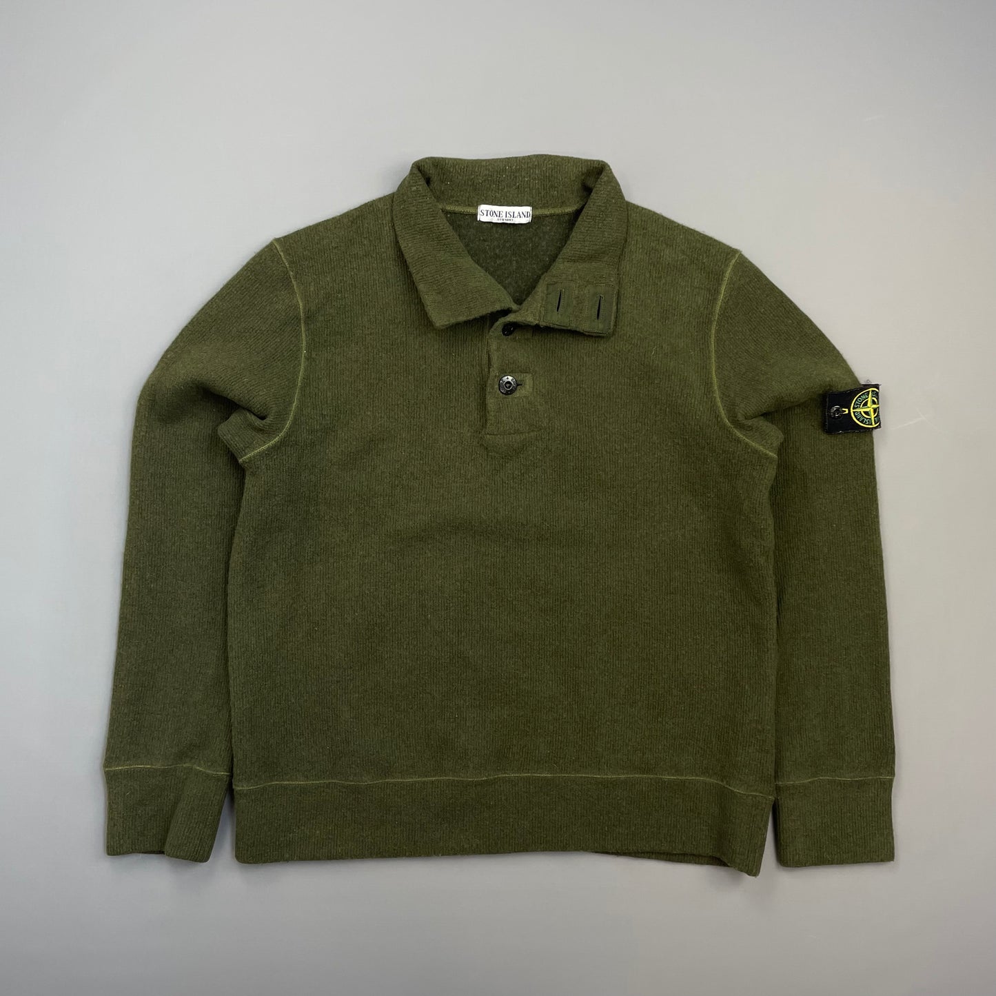 Stone Island Green AW06 Fine-Rib Wool Knit Button Collar Jumper