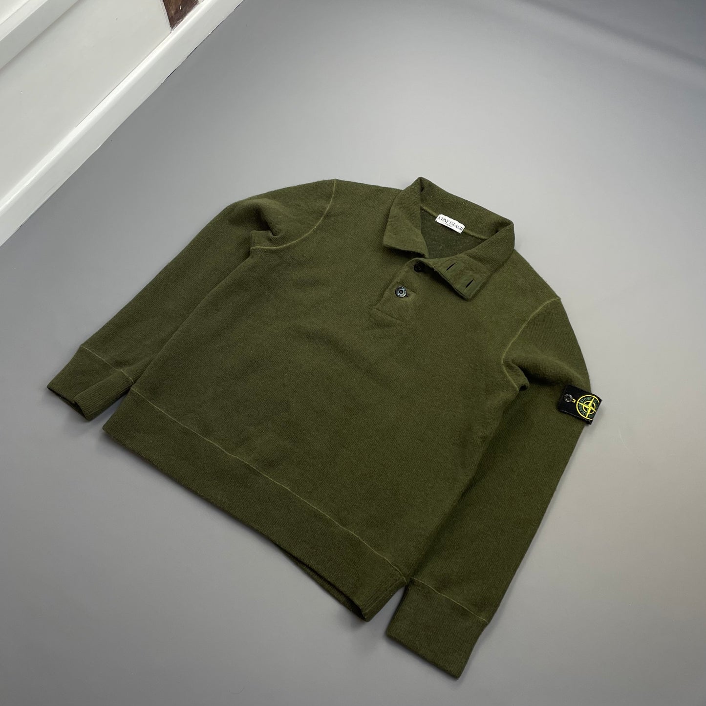 Stone Island Green AW06 Fine-Rib Wool Knit Button Collar Jumper